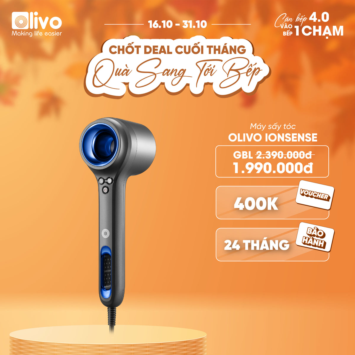 Máy Sấy Tóc OLIVO IonSense - Máy Sấy Tóc Ion Âm Tốc Độ Cao, 9 Chế Độ Sấy, Phụ Kiện Đa Dạng, Cảm Biến Nhiệt Thông Minh, Màu Sắc Sang Trọng