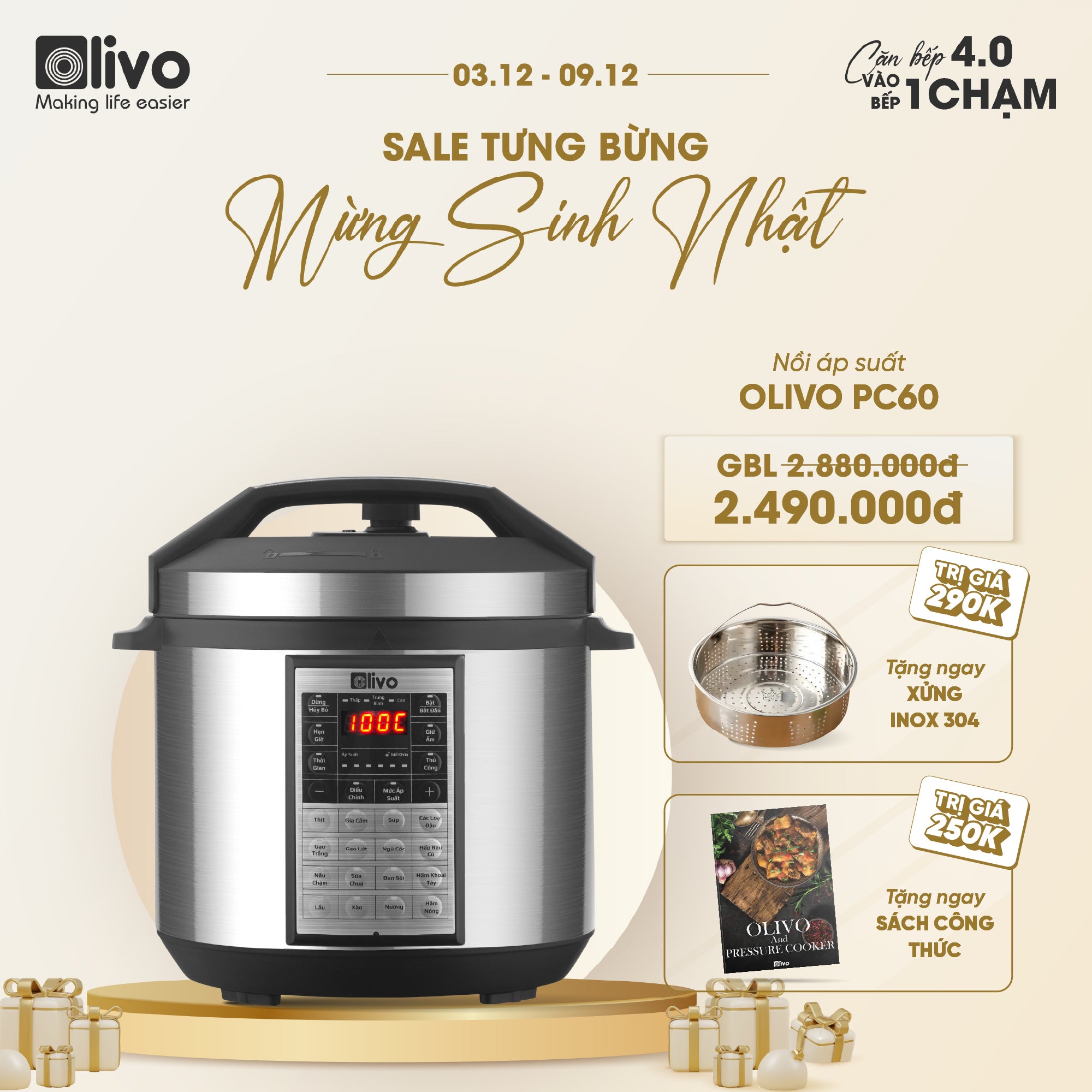 Nồi Áp Suất Điện Đa Năng OLIVO PC60 - 16 Chức Năng - Dung Tích 6L - Công Suất 1000W