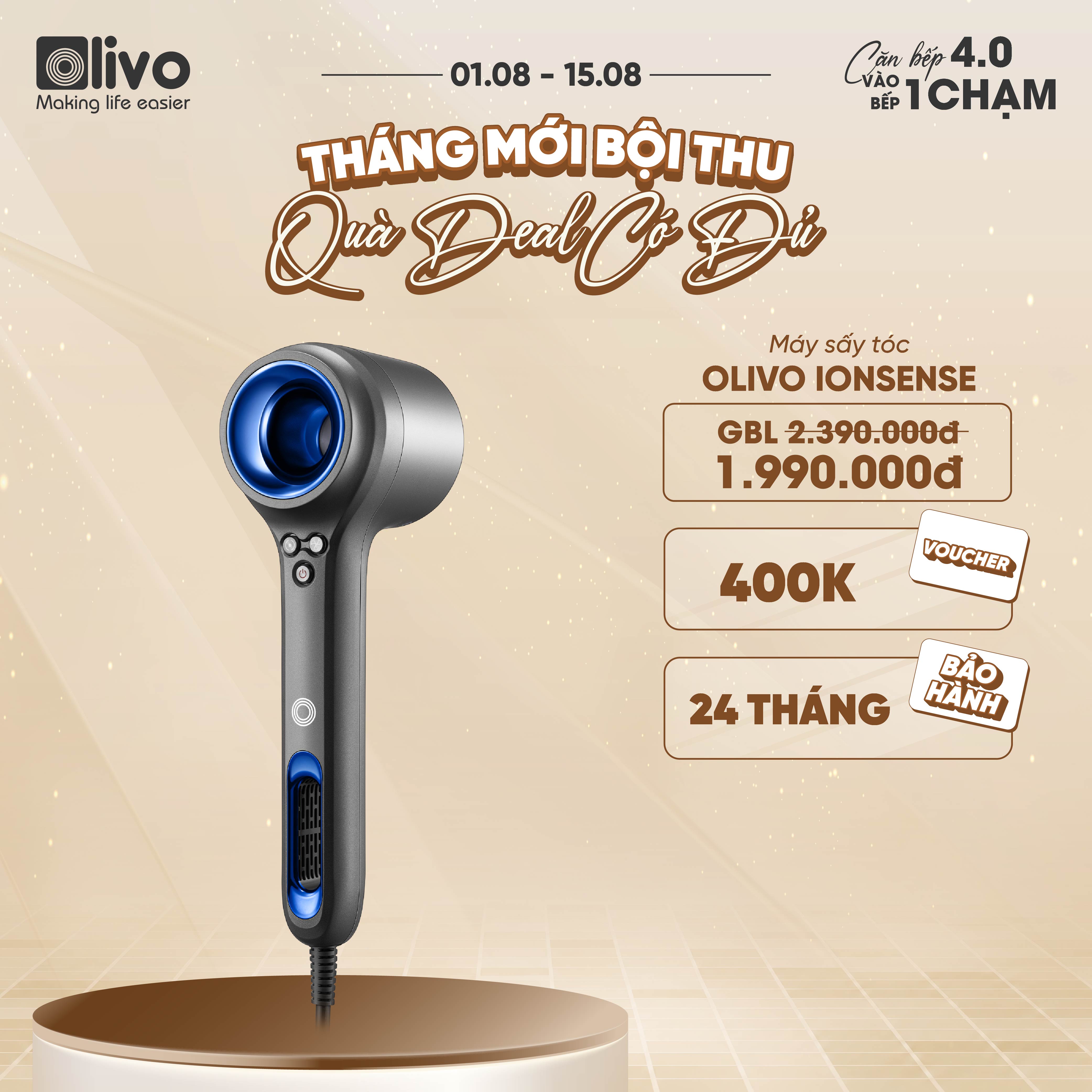 Máy Sấy Tóc OLIVO IonSense - Máy Sấy Tóc Ion Âm Tốc Độ Cao, 9 Chế Độ Sấy, Phụ Kiện Đa Dạng, Cảm Biến Nhiệt Thông Minh, Màu Sắc Sang Trọng