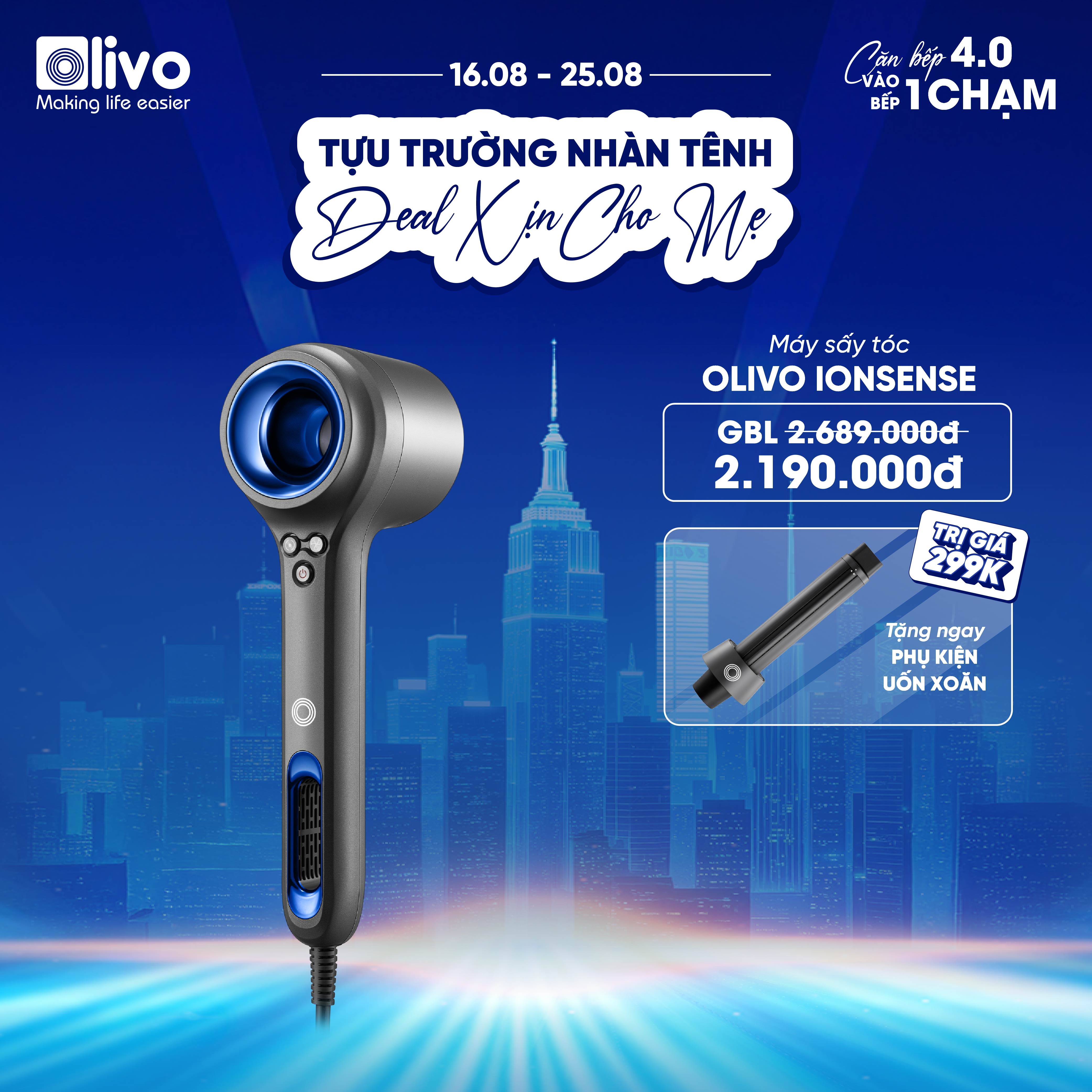Máy Sấy Tóc OLIVO IonSense - Máy Sấy Tóc Ion Âm Tốc Độ Cao, 9 Chế Độ Sấy, Phụ Kiện Đa Dạng, Cảm Biến Nhiệt Thông Minh, Màu Sắc Sang Trọng
