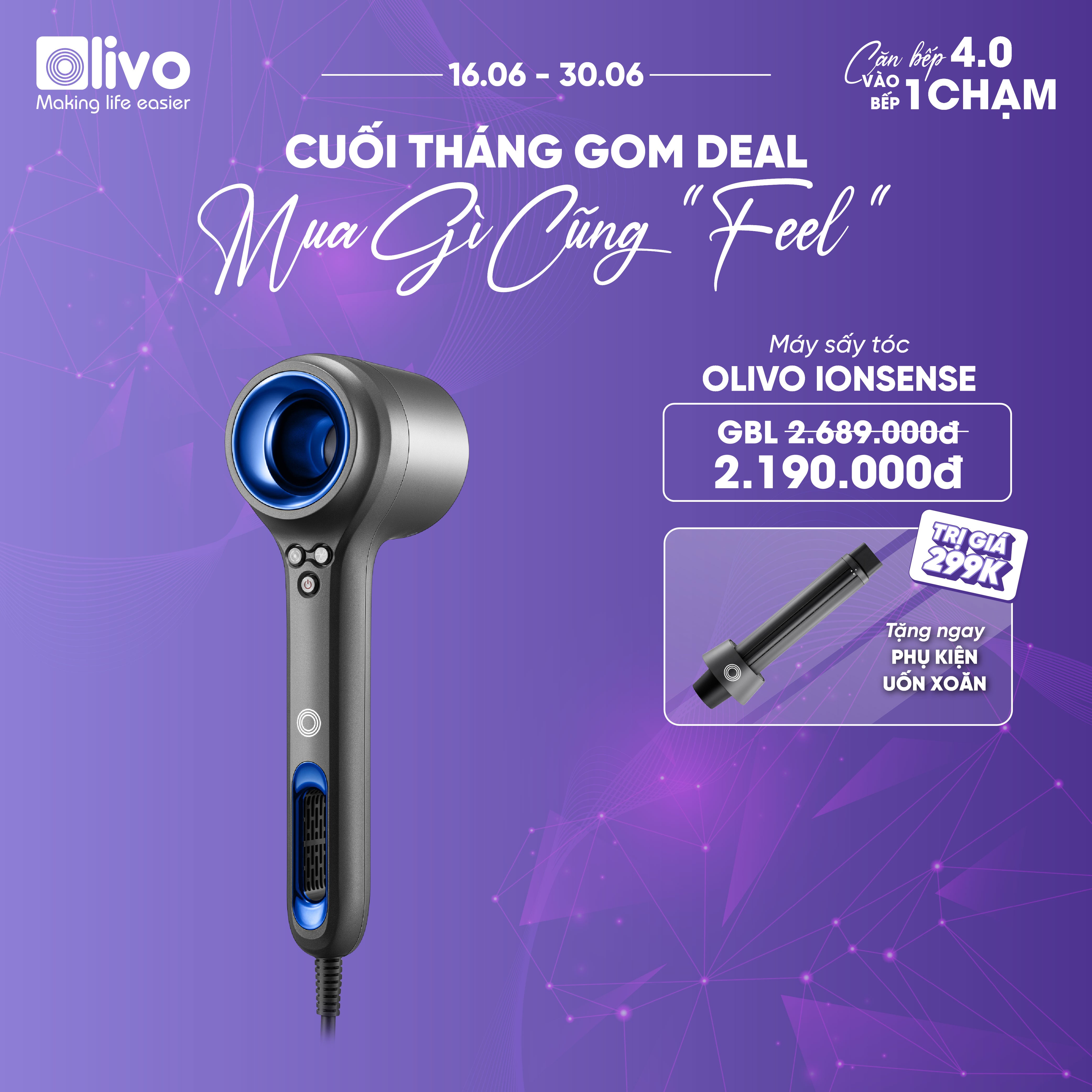 Máy Sấy Tóc OLIVO IonSense - Máy Sấy Tóc Ion Âm Tốc Độ Cao, 9 Chế Độ Sấy, Phụ Kiện Đa Dạng, Cảm Biến Nhiệt Thông Minh, Màu Sắc Sang Trọng