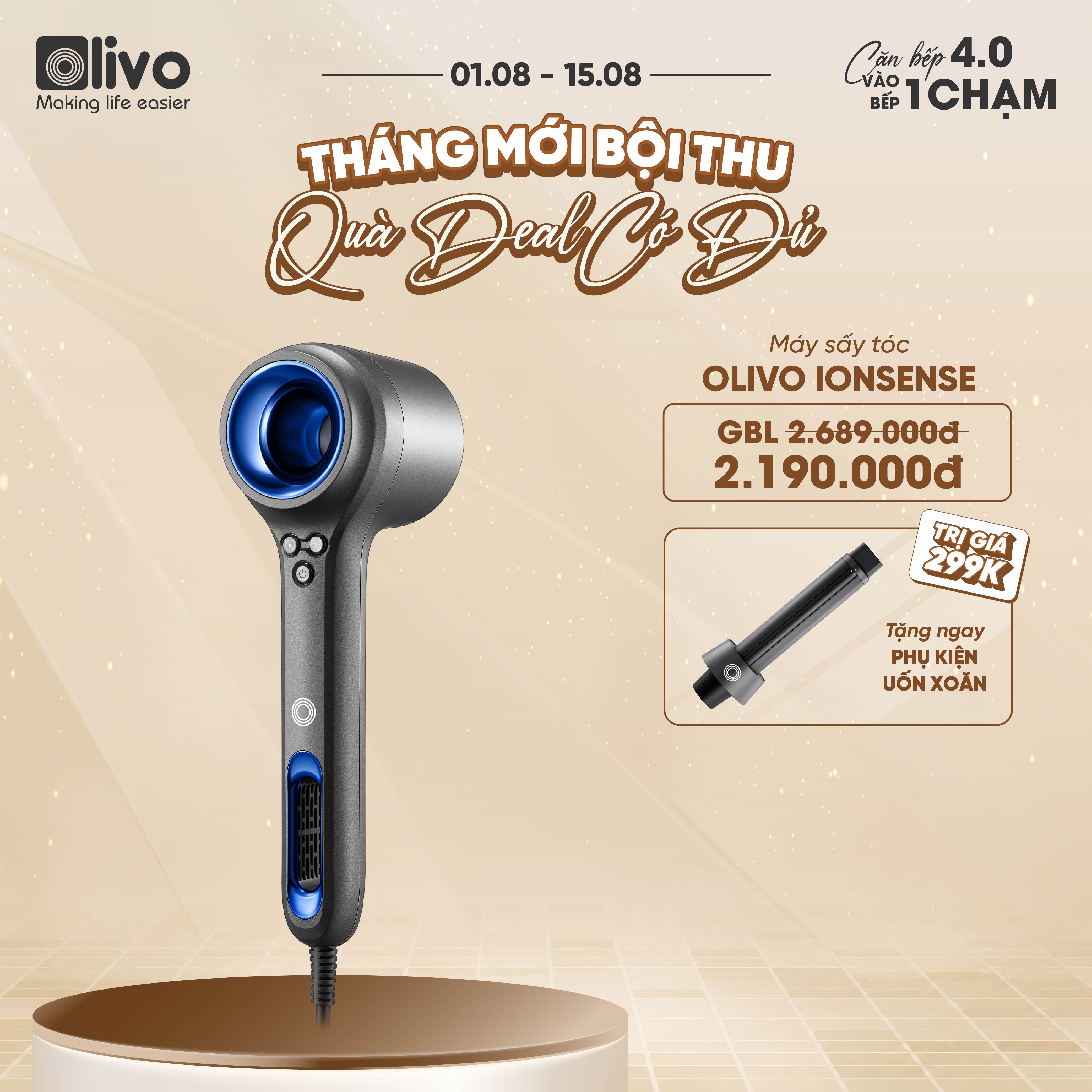 Máy Sấy Tóc OLIVO IonSense - Máy Sấy Tóc Ion Âm Tốc Độ Cao, 9 Chế Độ Sấy, Phụ Kiện Đa Dạng, Cảm Biến Nhiệt Thông Minh, Màu Sắc Sang Trọng