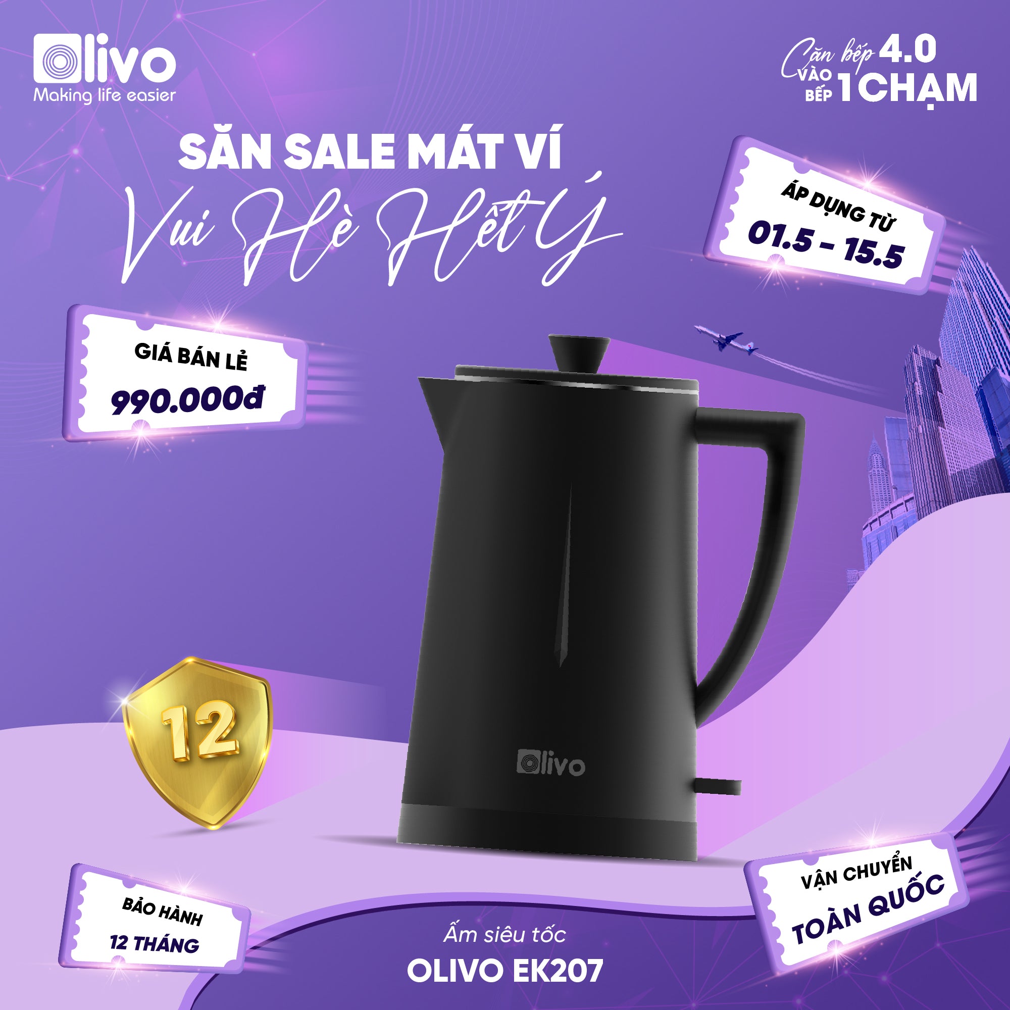 Ấm Siêu Tốc OLIVO EK207 – Thiết Kế Tối Giản Sang Trọng, Bộ Điều Khiển Strix Siêu Bền, Dung Tích 1.7L, Công Suất Lớn 2000W