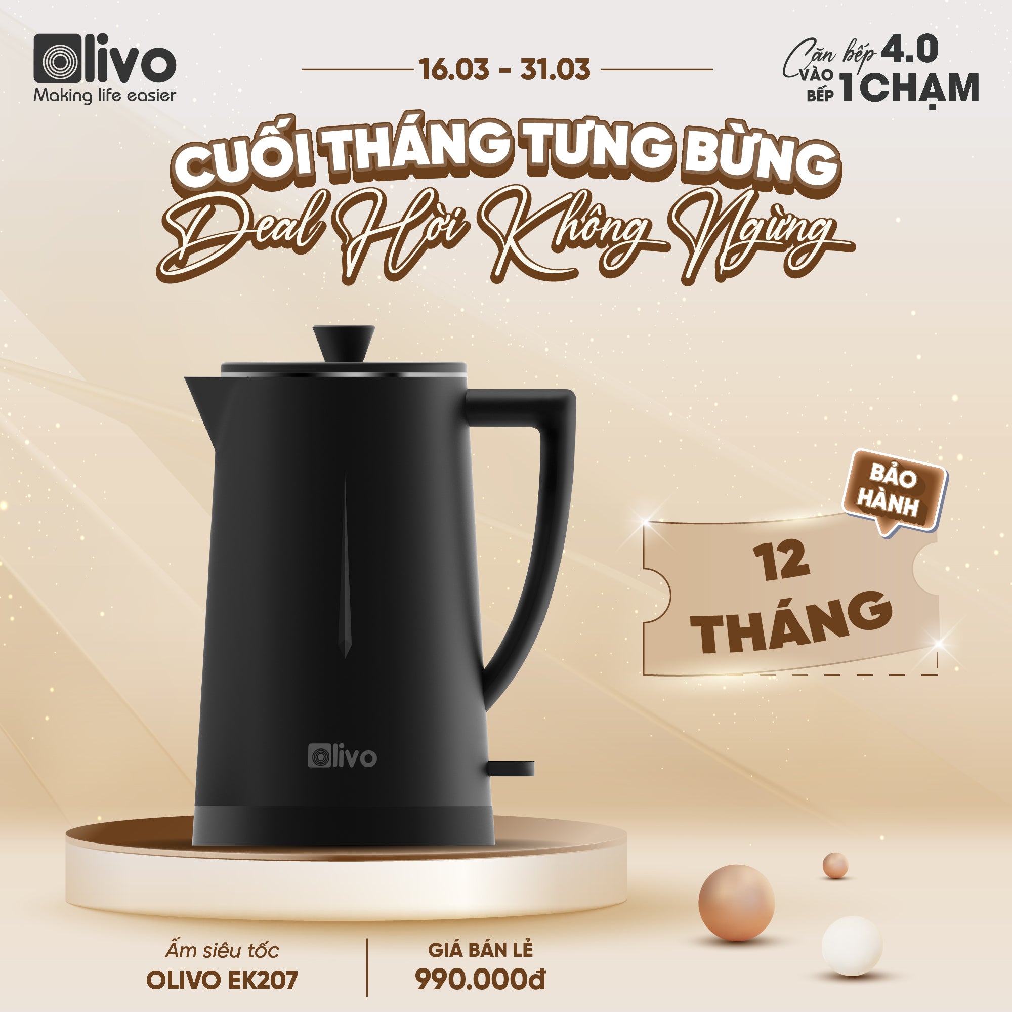 Ấm Siêu Tốc OLIVO EK207 – Thiết Kế Tối Giản Sang Trọng, Bộ Điều Khiển Strix Siêu Bền, Dung Tích 1.7L, Công Suất Lớn 2000W