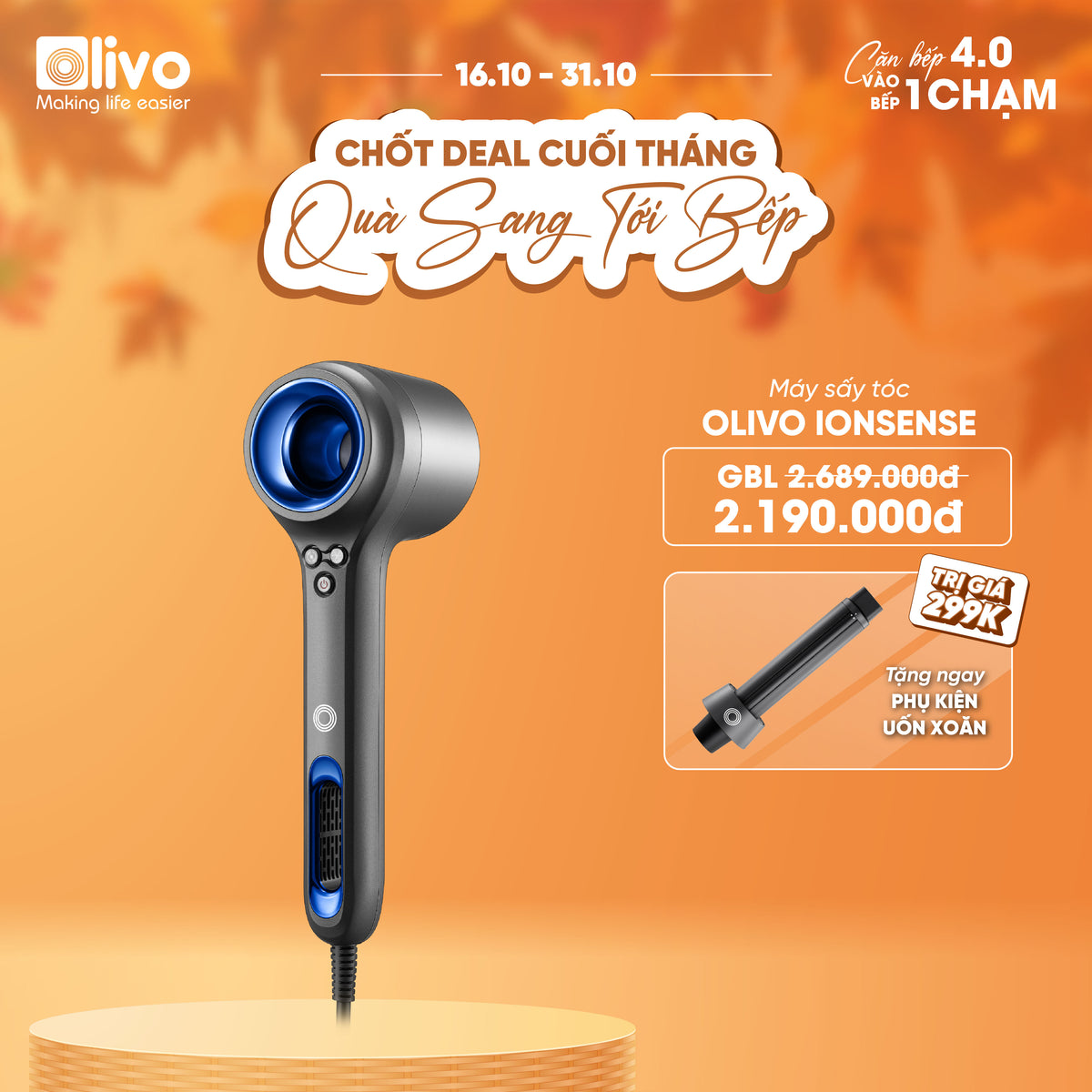 Máy Sấy Tóc OLIVO IonSense - Máy Sấy Tóc Ion Âm Tốc Độ Cao, 9 Chế Độ Sấy, Phụ Kiện Đa Dạng, Cảm Biến Nhiệt Thông Minh, Màu Sắc Sang Trọng