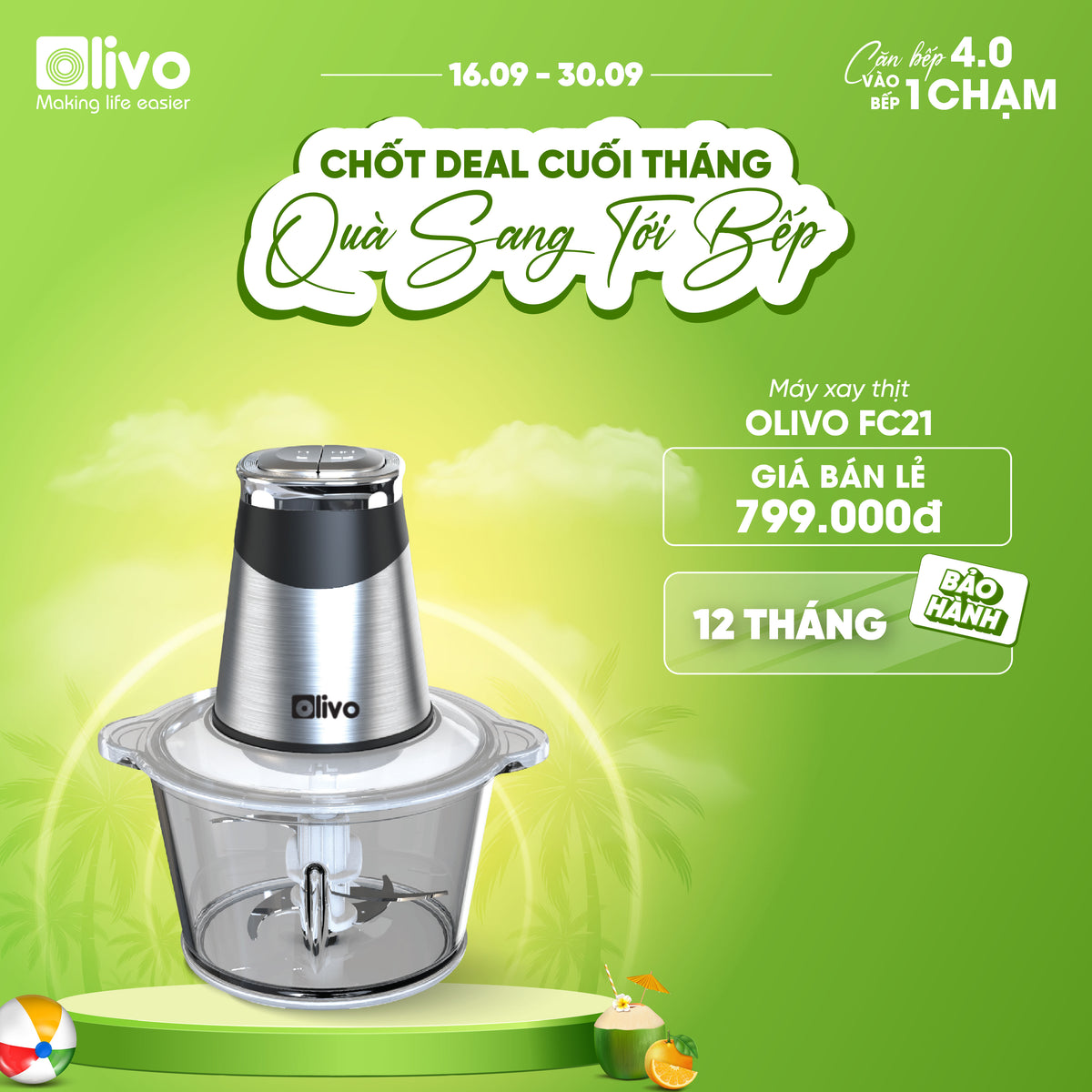 Máy Xay Thực Phẩm Đa Năng OLIVO FC21 - Dung Tích 2.1L - Công Suất 500W