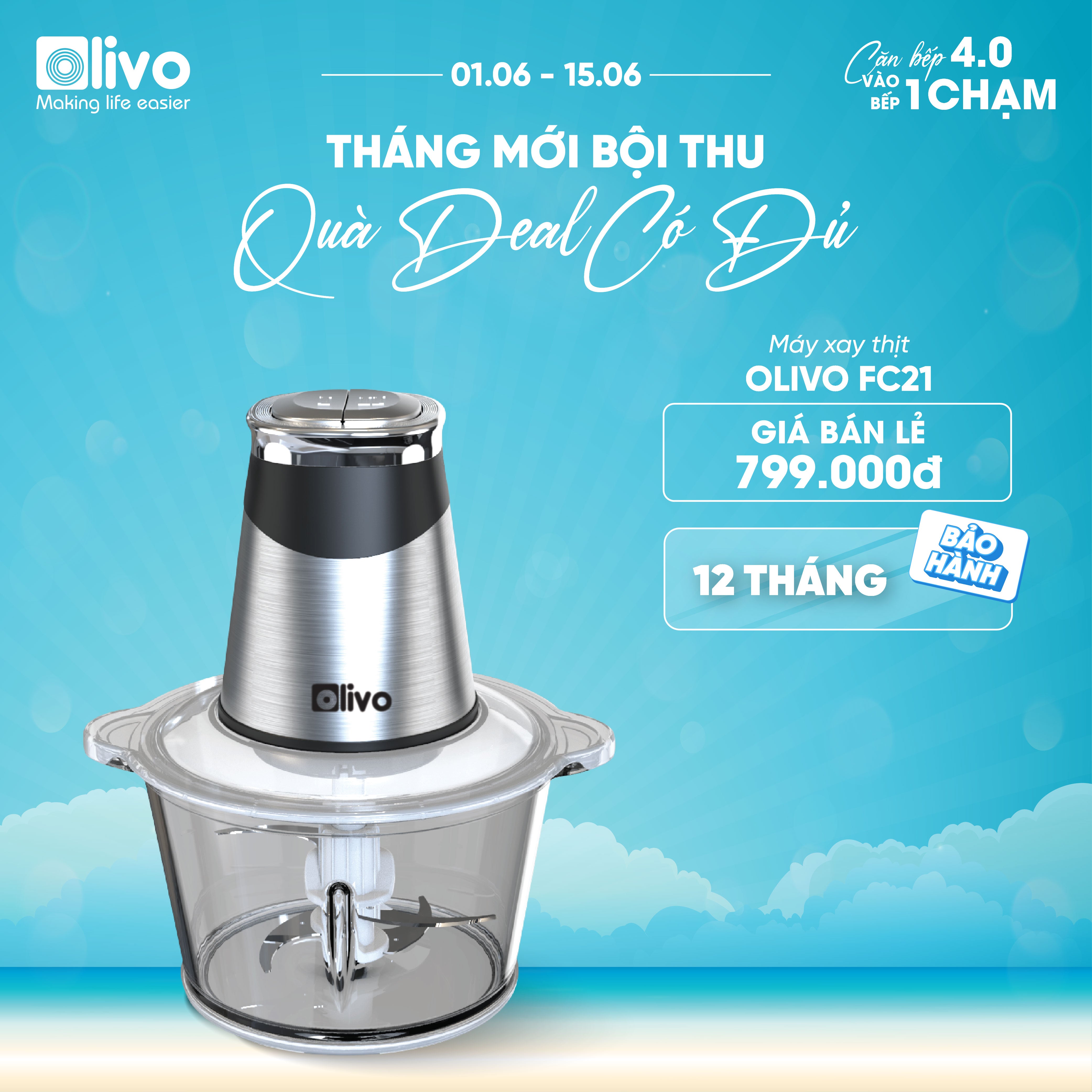 Máy Xay Thực Phẩm Đa Năng OLIVO FC21 - Dung Tích 2.1L - Công Suất 500W