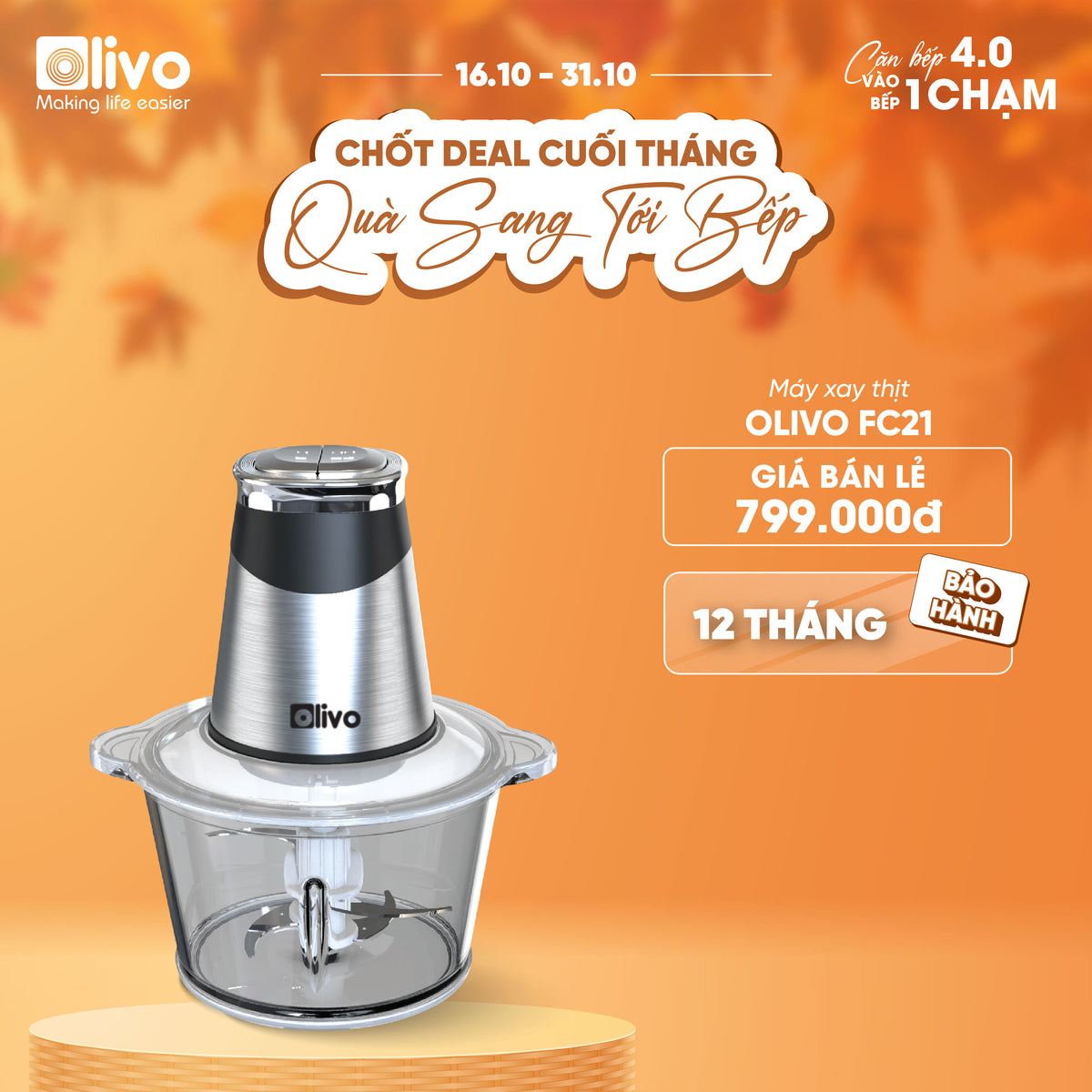 Máy Xay Thực Phẩm Đa Năng OLIVO FC21 - Dung Tích 2.1L - Công Suất 500W