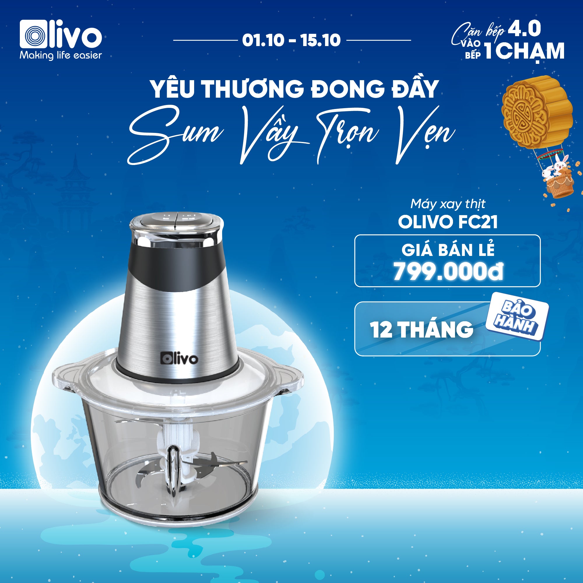 Máy Xay Thực Phẩm Đa Năng OLIVO FC21 - Dung Tích 2.1L - Công Suất 500W