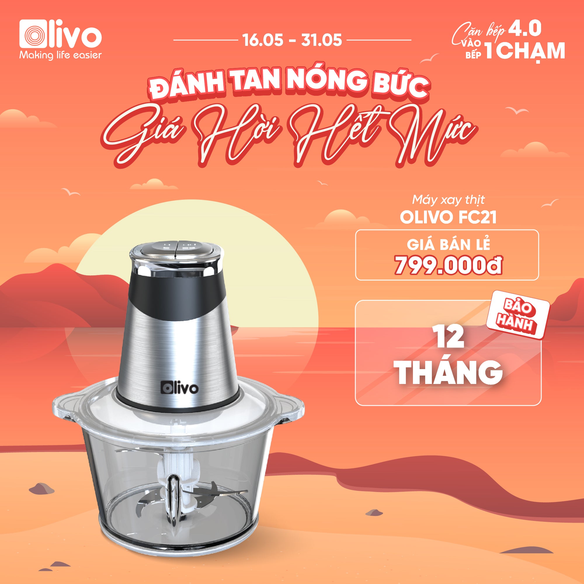 Máy Xay Thực Phẩm Đa Năng OLIVO FC21 - Dung Tích 2.1L - Công Suất 500W