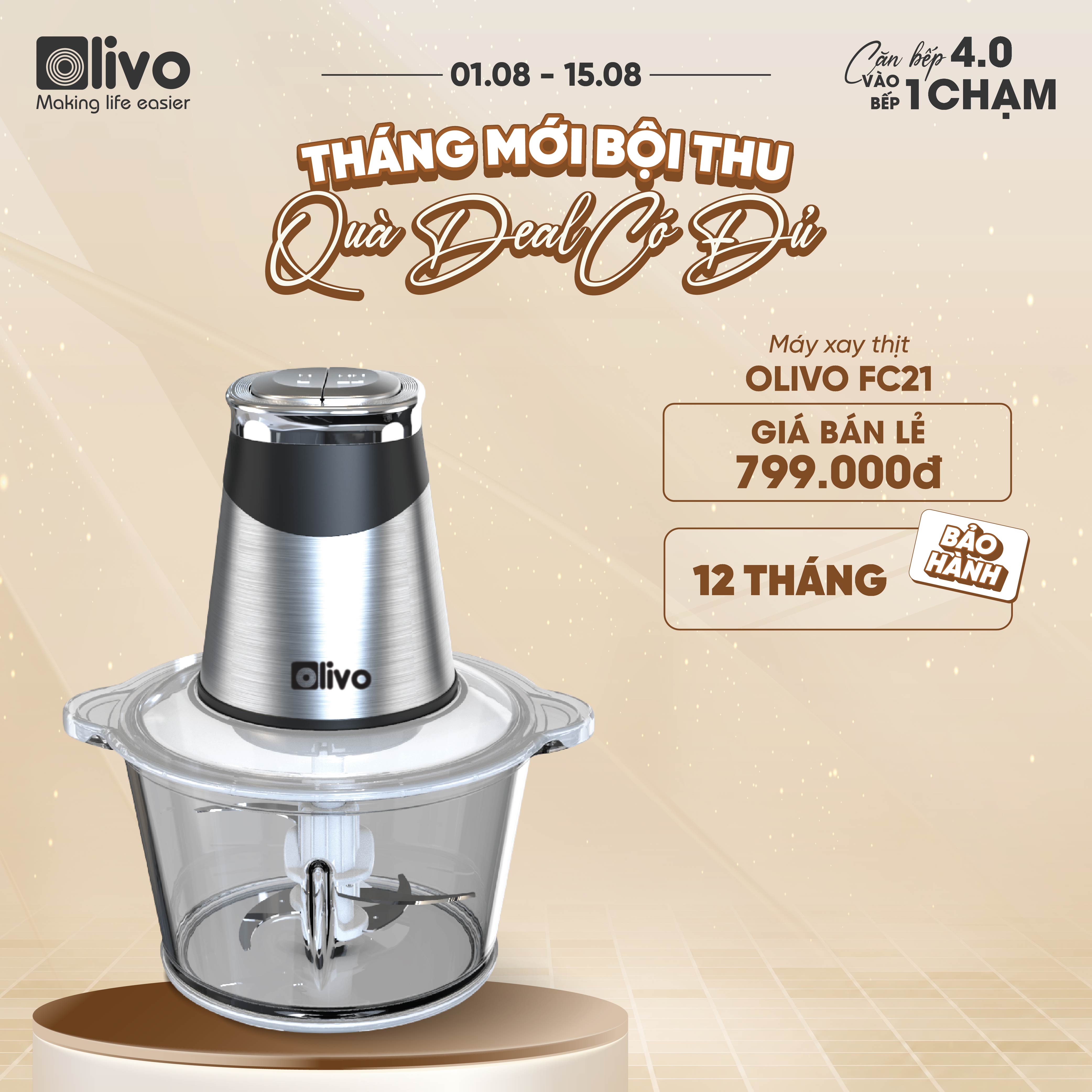 Máy Xay Thực Phẩm Đa Năng OLIVO FC21 - Dung Tích 2.1L - Công Suất 500W