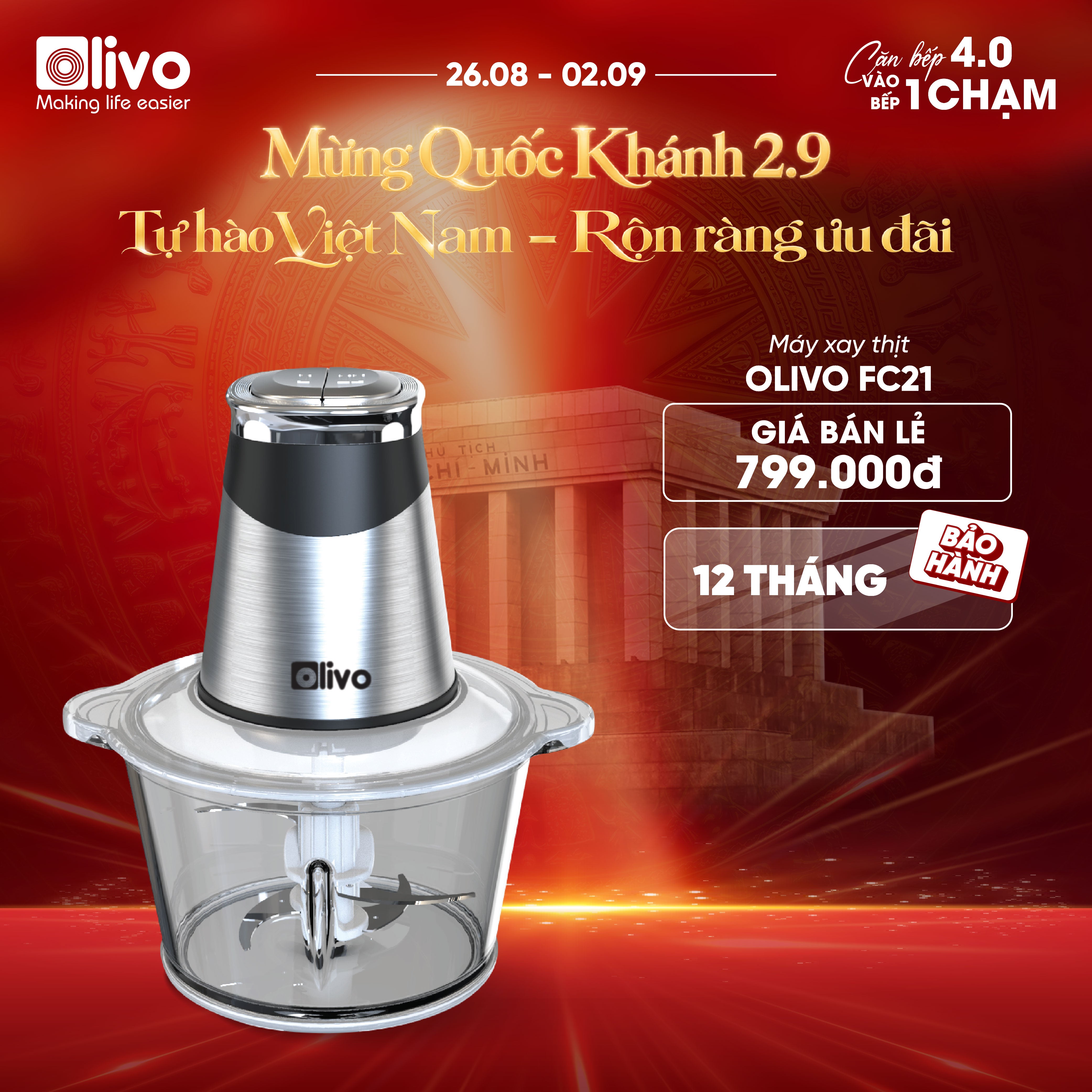 Máy Xay Thực Phẩm Đa Năng OLIVO FC21 - Dung Tích 2.1L - Công Suất 500W