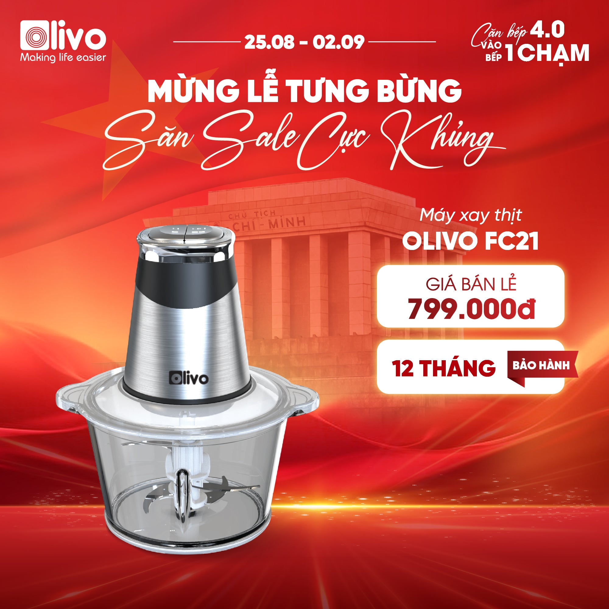 Máy Xay Thực Phẩm Đa Năng OLIVO FC21 - Dung Tích 2.1L - Công Suất 500W
