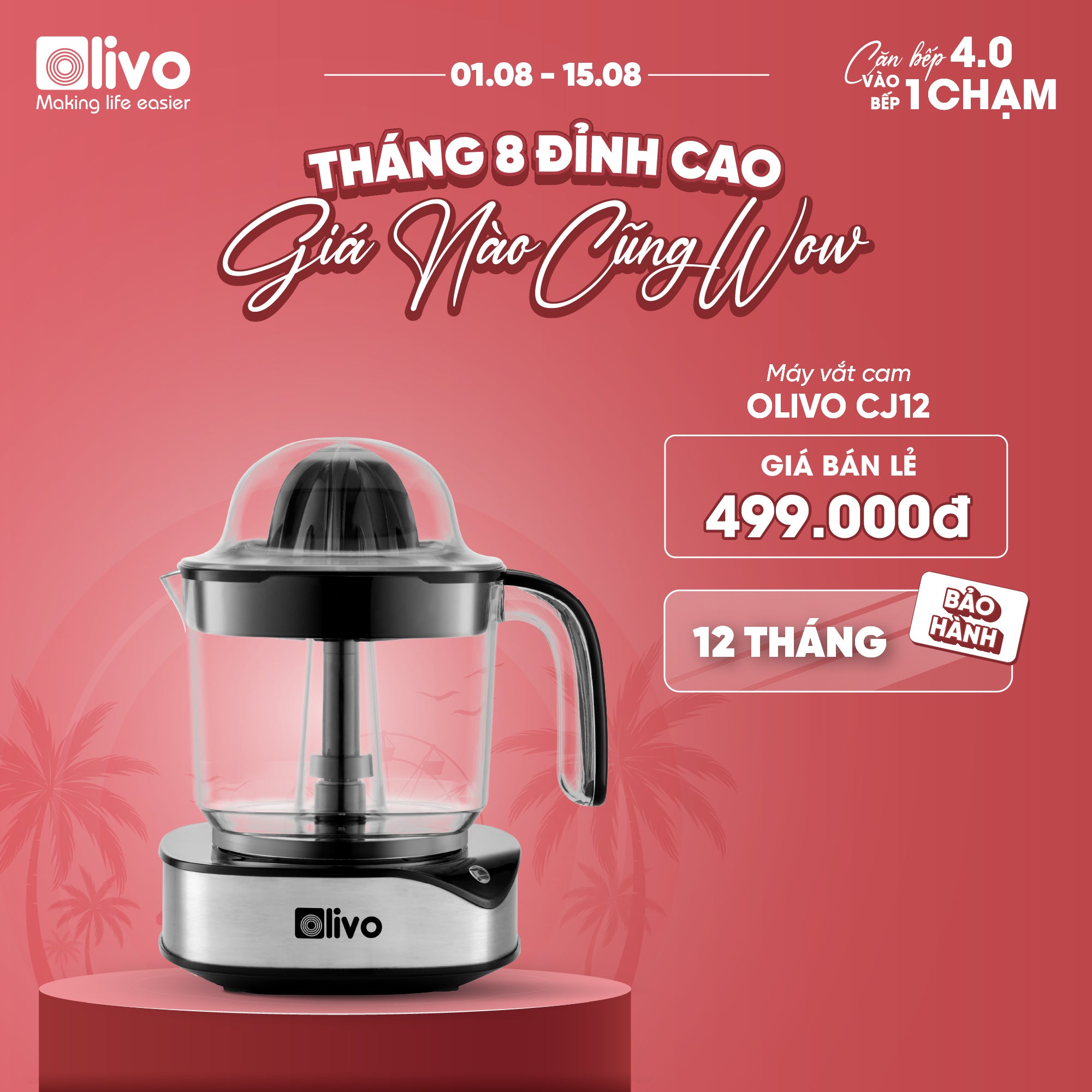 Máy Vắt Cam OLIVO CJ12 - Dung tích lớn 1.2L, Có Hai Đầu Vắt Lớn - Nhỏ, Công Suất 40W, Vắt Kiệt Nước, Sử Dụng Dễ Dàng