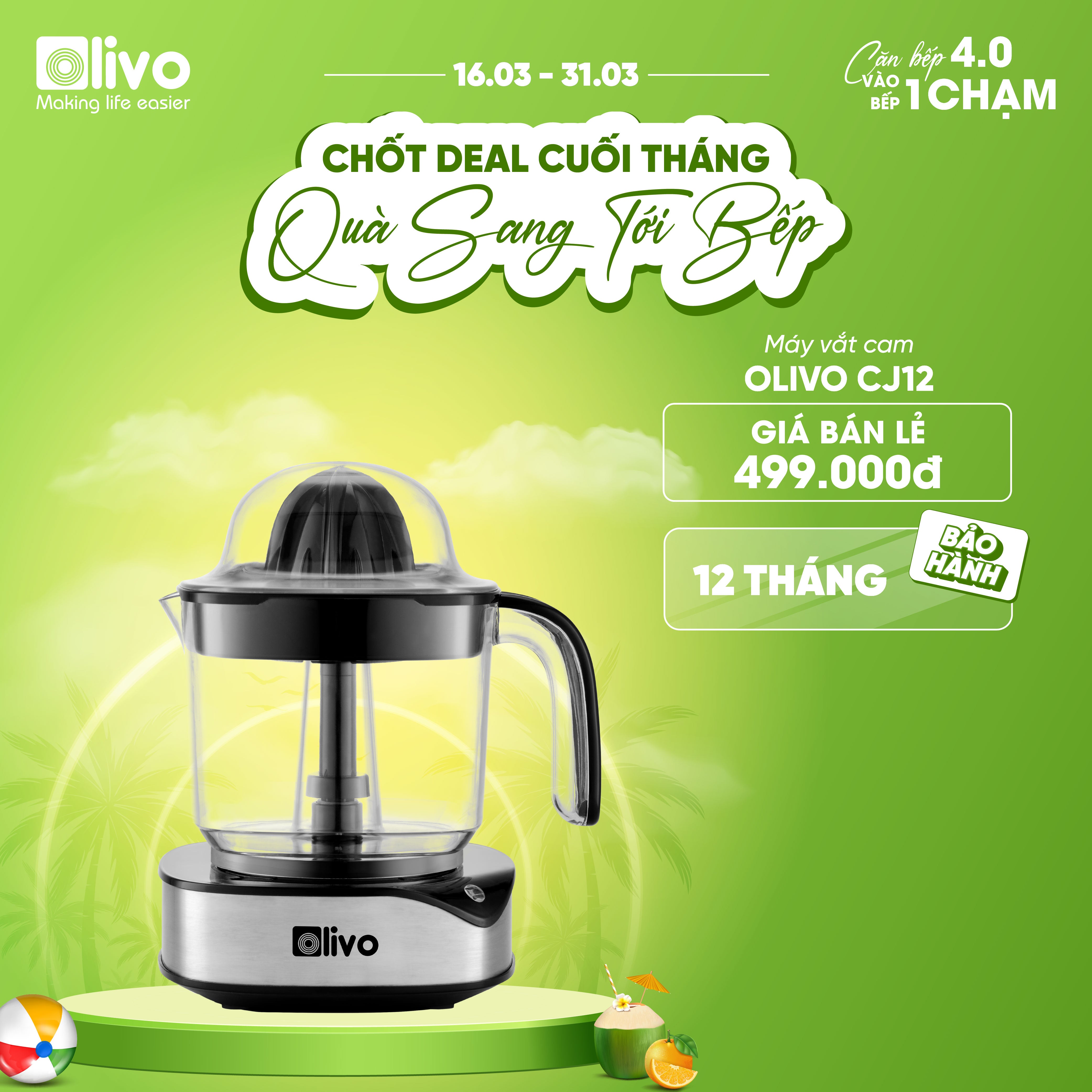 Máy Vắt Cam OLIVO CJ12 - Dung tích lớn 1.2L, Có Hai Đầu Vắt Lớn - Nhỏ, Công Suất 40W, Vắt Kiệt Nước, Sử Dụng Dễ Dàng