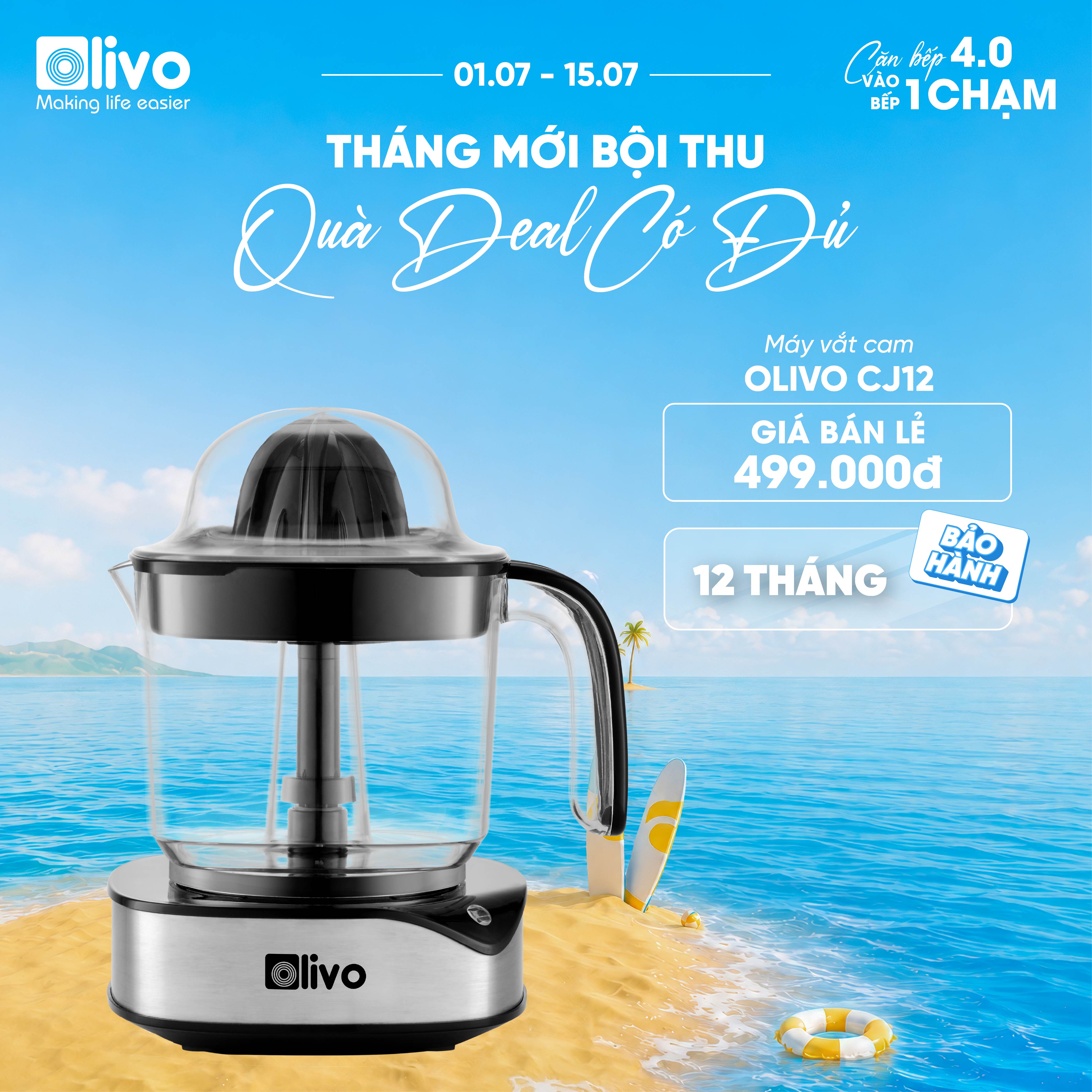 Máy Vắt Cam OLIVO CJ12 - Dung tích lớn 1.2L, Có Hai Đầu Vắt Lớn - Nhỏ, Công Suất 40W, Vắt Kiệt Nước, Sử Dụng Dễ Dàng