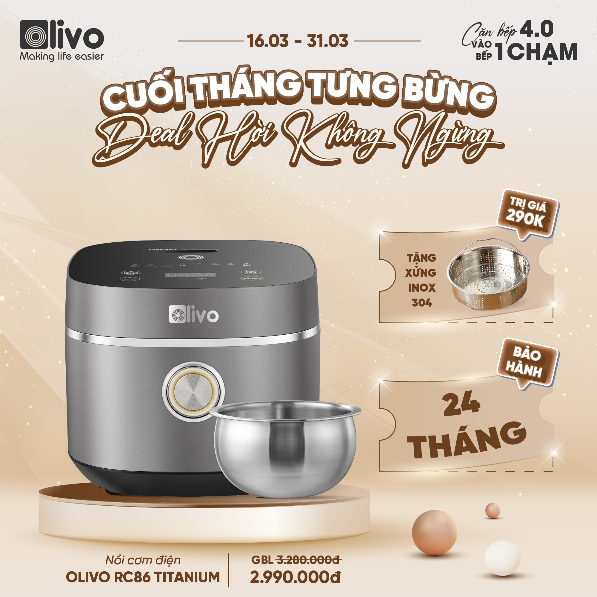 Nồi Cơm Điện OLIVO RC86 Titanium - Lòng Nồi INOX 304 Chống Dính Tự Nhiên, Nấu Cơm Ngon, Thiết Kế Tinh Tế, Sang Trọng