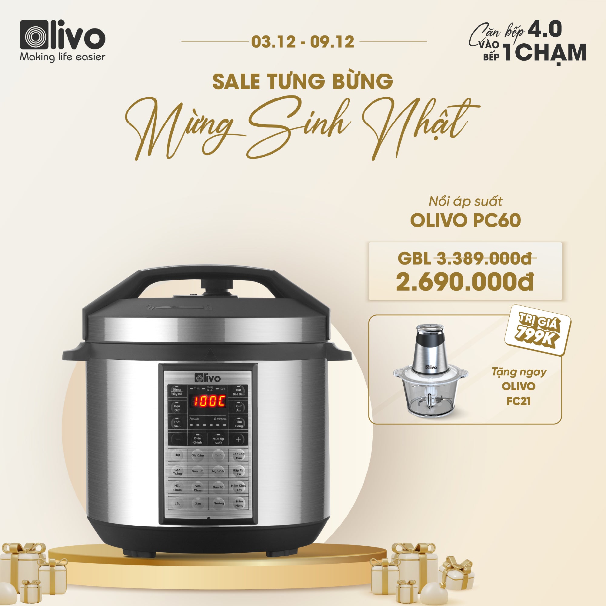 Nồi Áp Suất Điện Đa Năng OLIVO PC60 - 16 Chức Năng - Dung Tích 6L - Công Suất 1000W