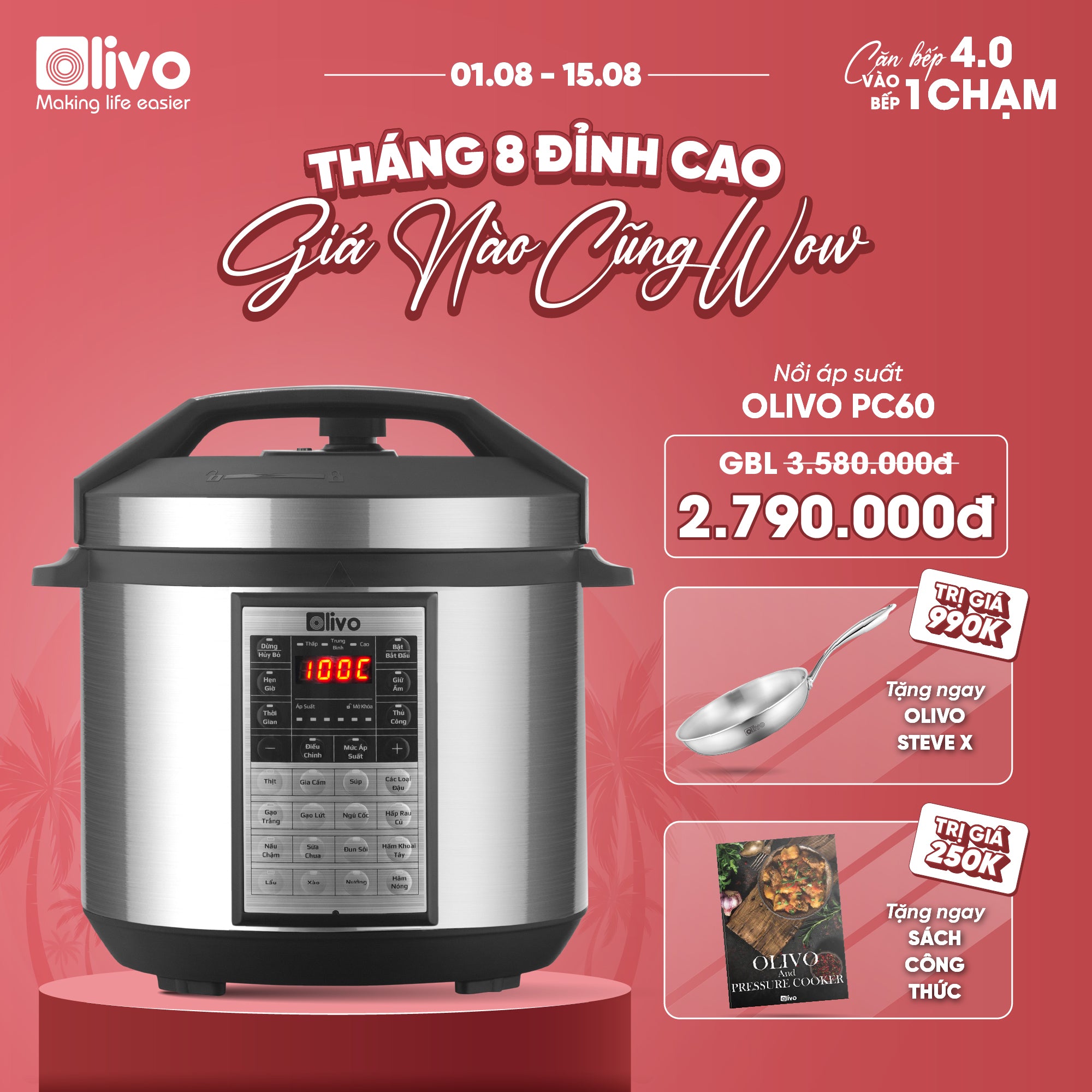 Nồi Áp Suất Điện Đa Năng OLIVO PC60 - 16 Chức Năng - Dung Tích 6L - Công Suất 1000W