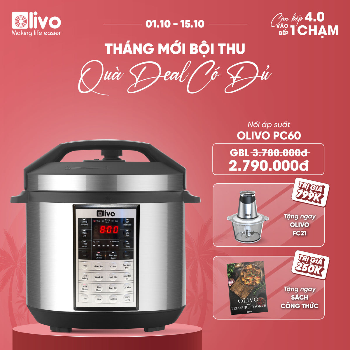Nồi Áp Suất Điện Đa Năng OLIVO PC60 - 16 Chức Năng - Dung Tích 6L - Công Suất 1000W
