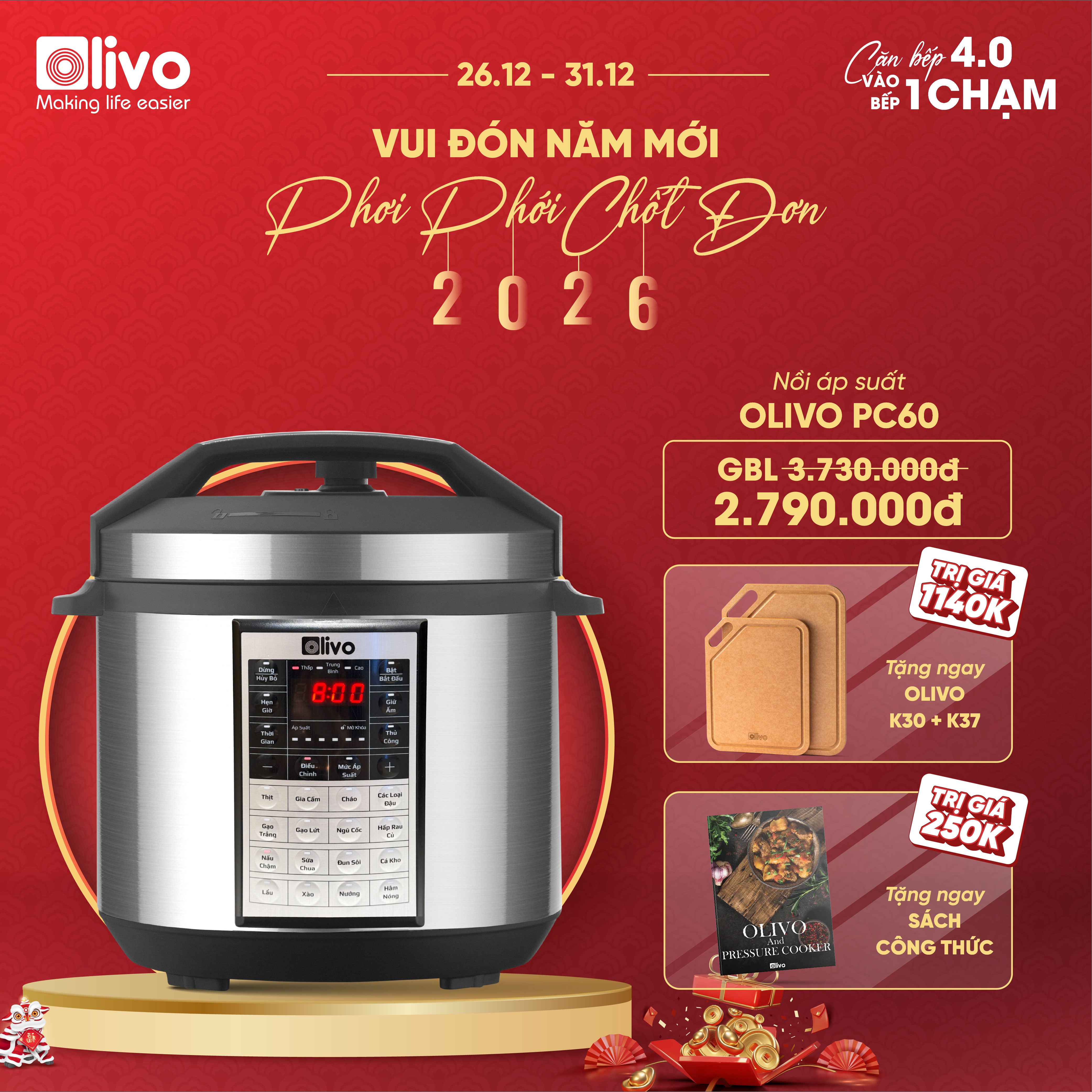 Nồi Áp Suất Điện Đa Năng OLIVO PC60 - 16 Chức Năng - Dung Tích 6L - Công Suất 1000W