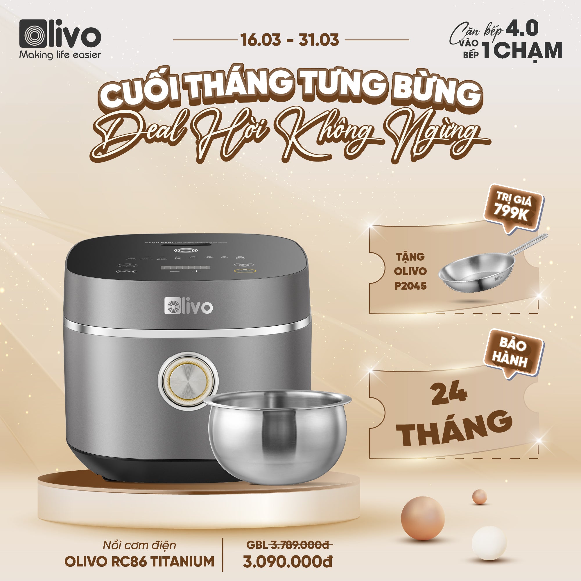 Nồi Cơm Điện OLIVO RC86 Titanium - Lòng Nồi INOX 304 Chống Dính Tự Nhiên, Nấu Cơm Ngon, Thiết Kế Tinh Tế, Sang Trọng