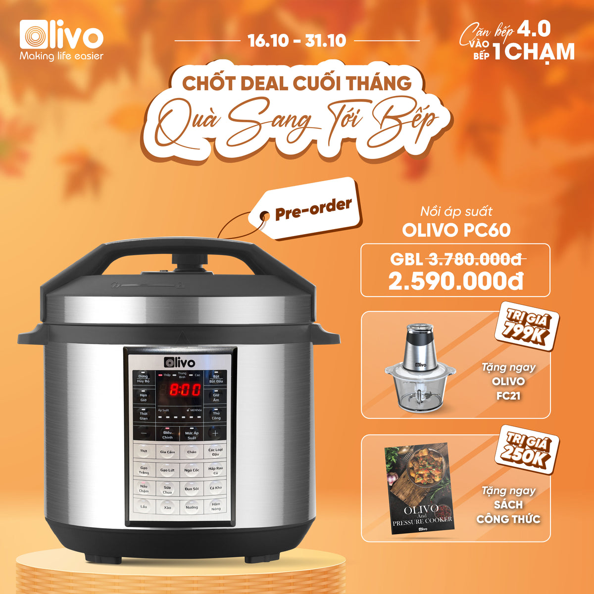 Nồi Áp Suất Điện Đa Năng OLIVO PC60 - 16 Chức Năng - Dung Tích 6L - Công Suất 1000W