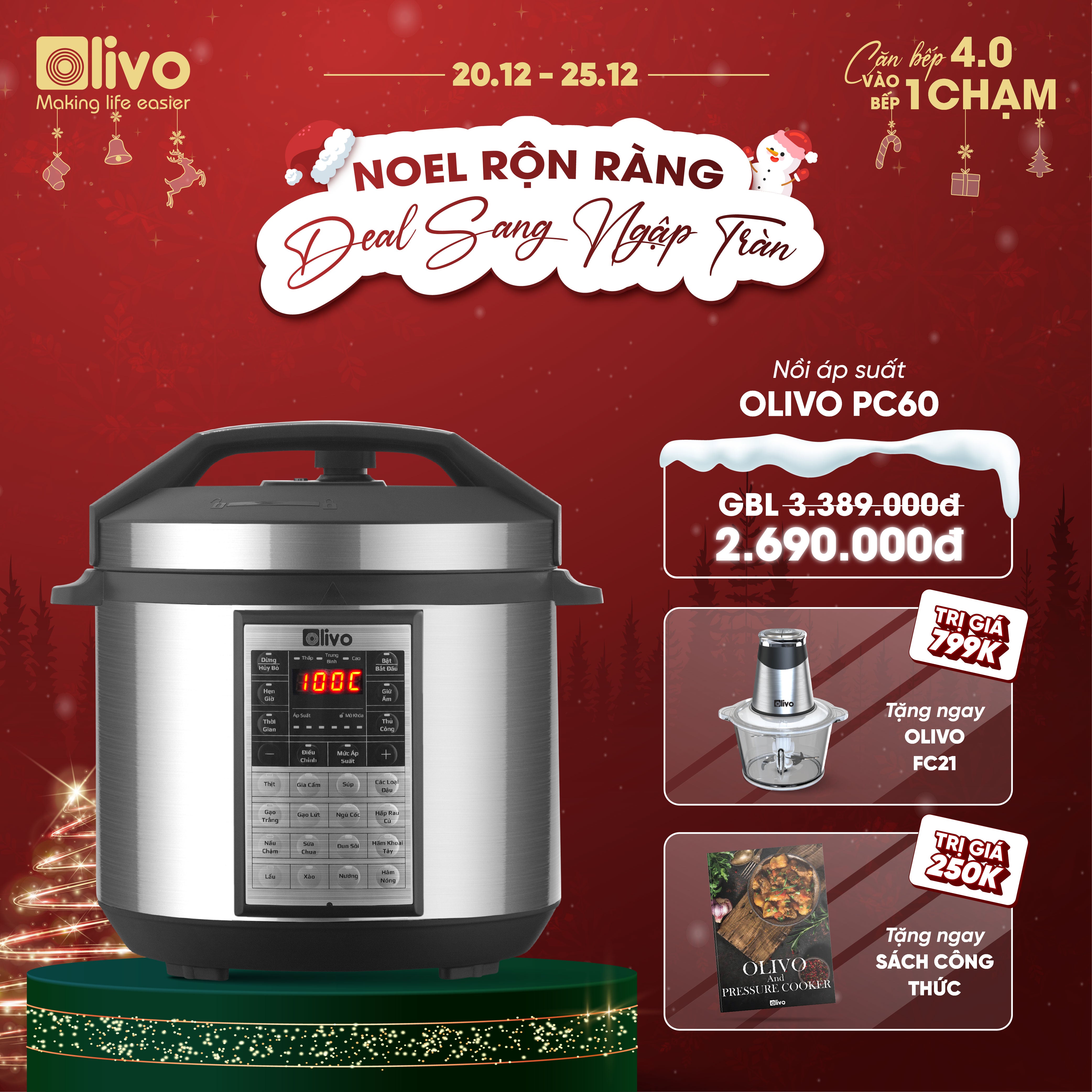 Nồi Áp Suất Điện Đa Năng OLIVO PC60 - 16 Chức Năng - Dung Tích 6L - Công Suất 1000W