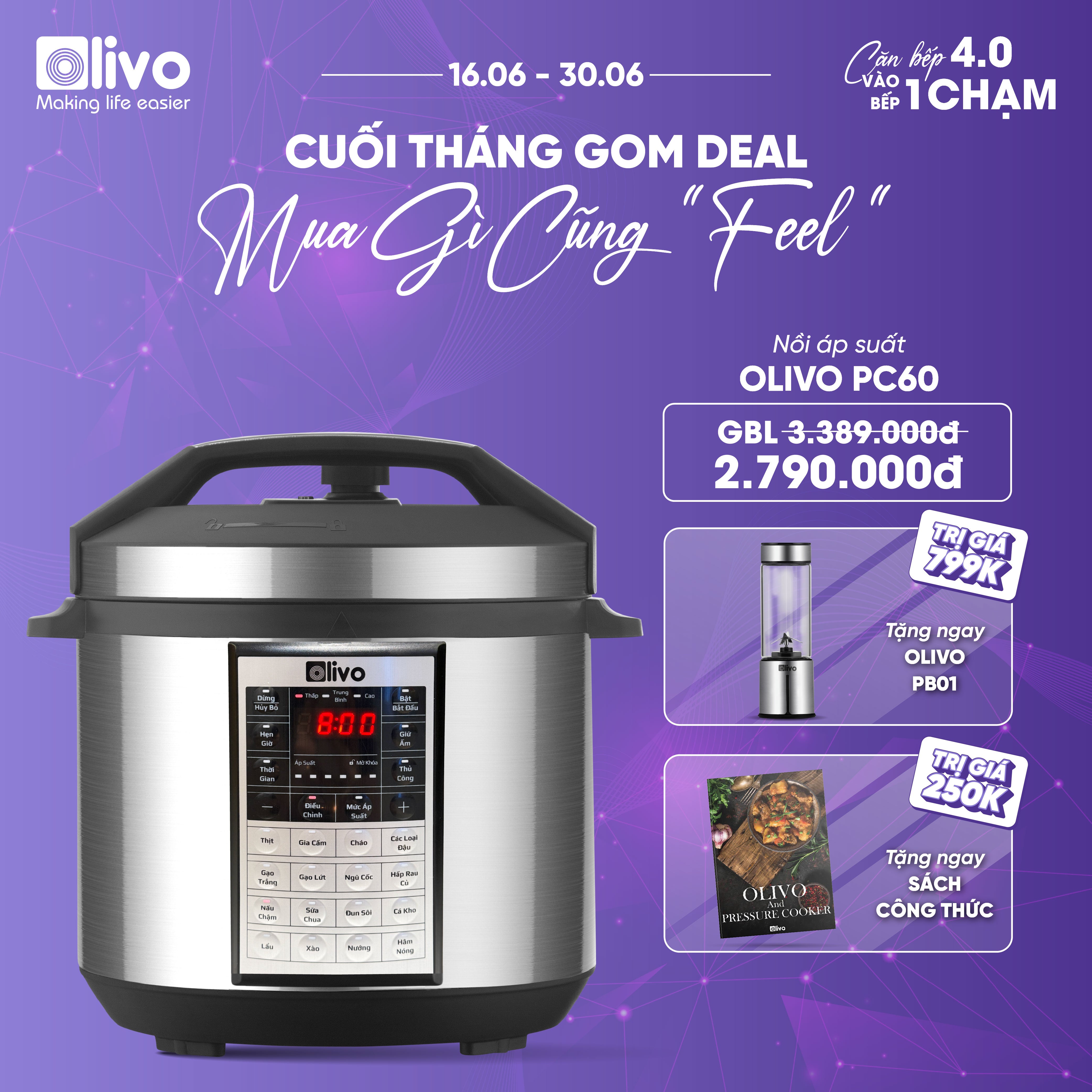 Nồi Áp Suất Điện Đa Năng OLIVO PC60 - 16 Chức Năng - Dung Tích 6L - Công Suất 1000W