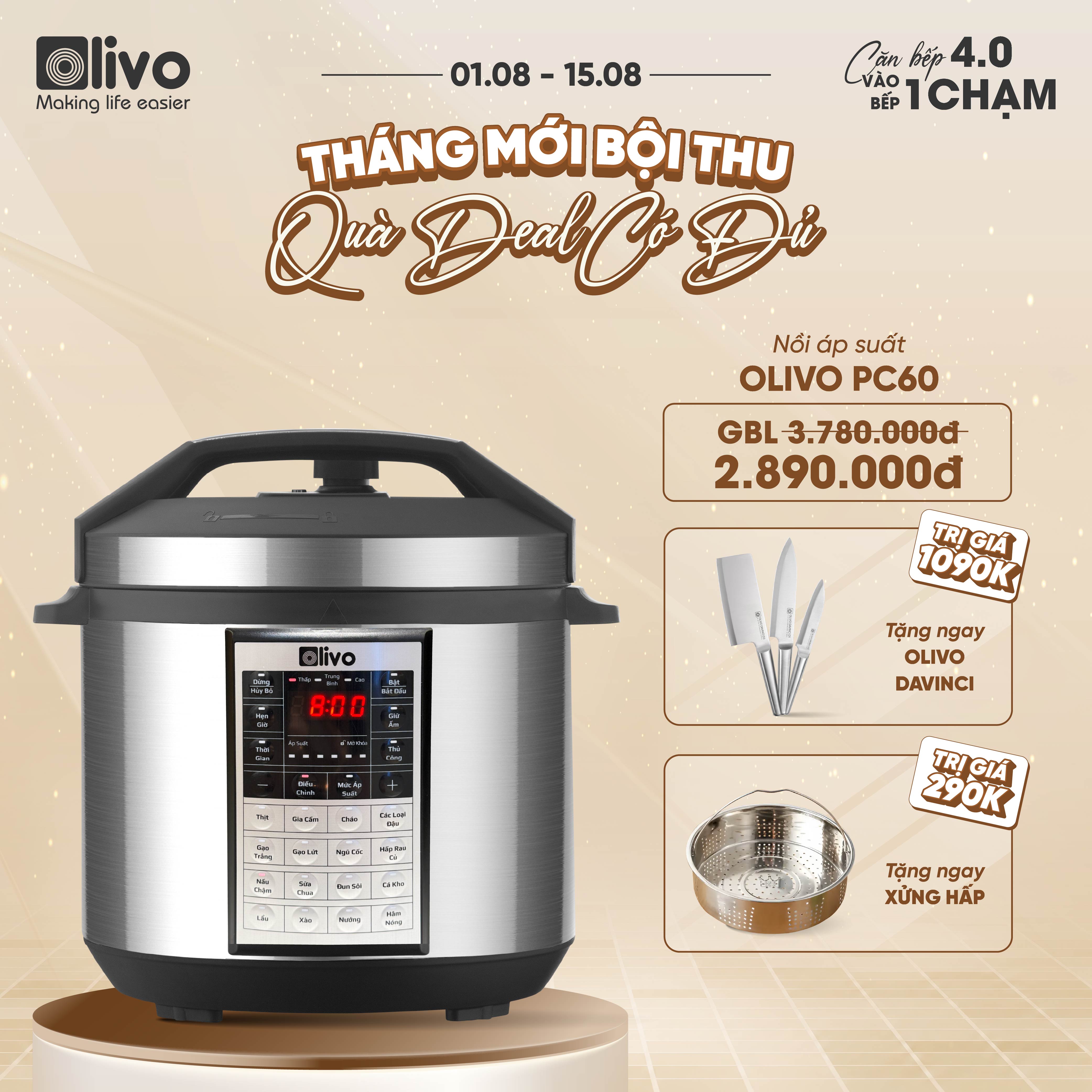 Nồi Áp Suất Điện Đa Năng OLIVO PC60 - 16 Chức Năng - Dung Tích 6L - Công Suất 1000W