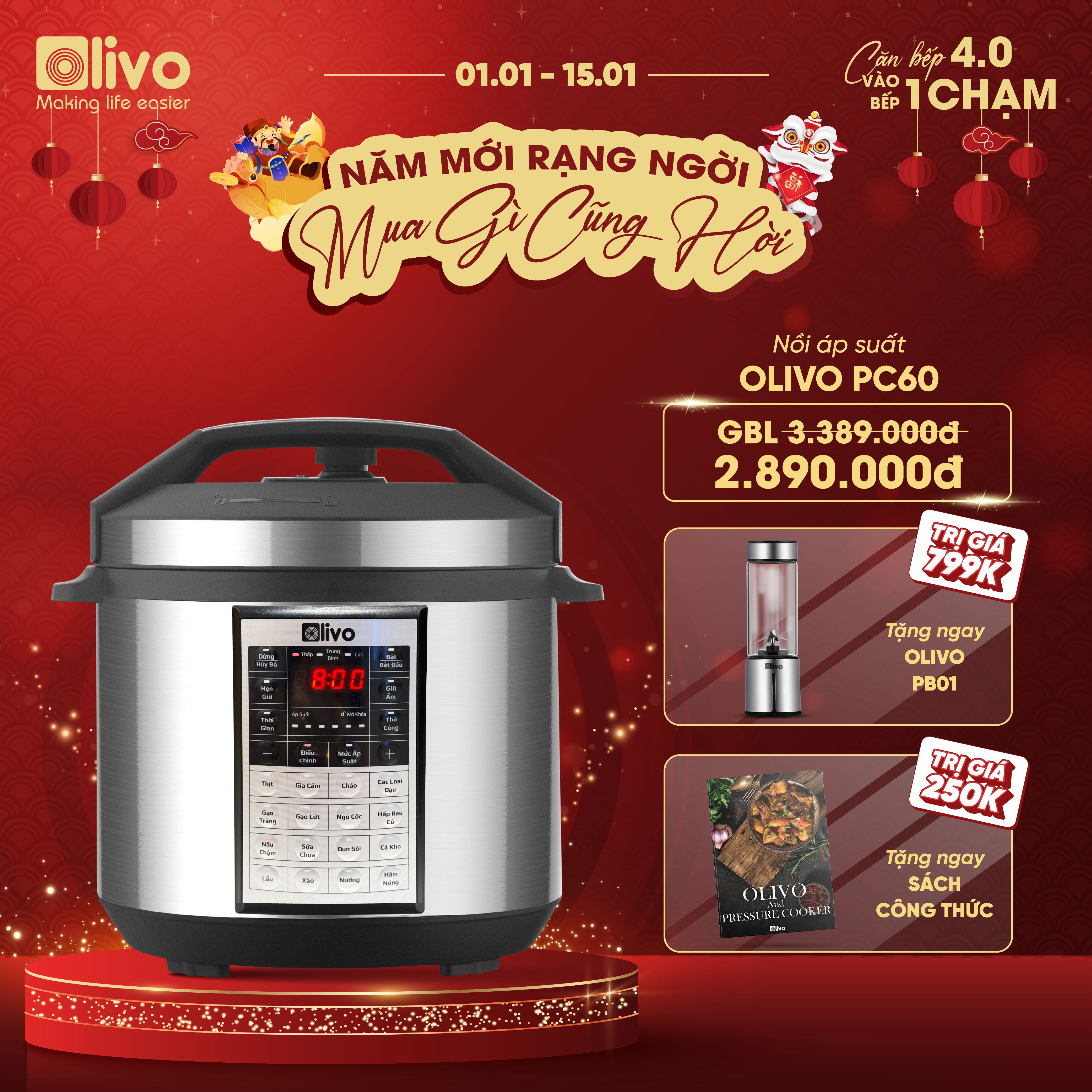 Nồi Áp Suất Điện Đa Năng OLIVO PC60 - 16 Chức Năng - Dung Tích 6L - Công Suất 1000W