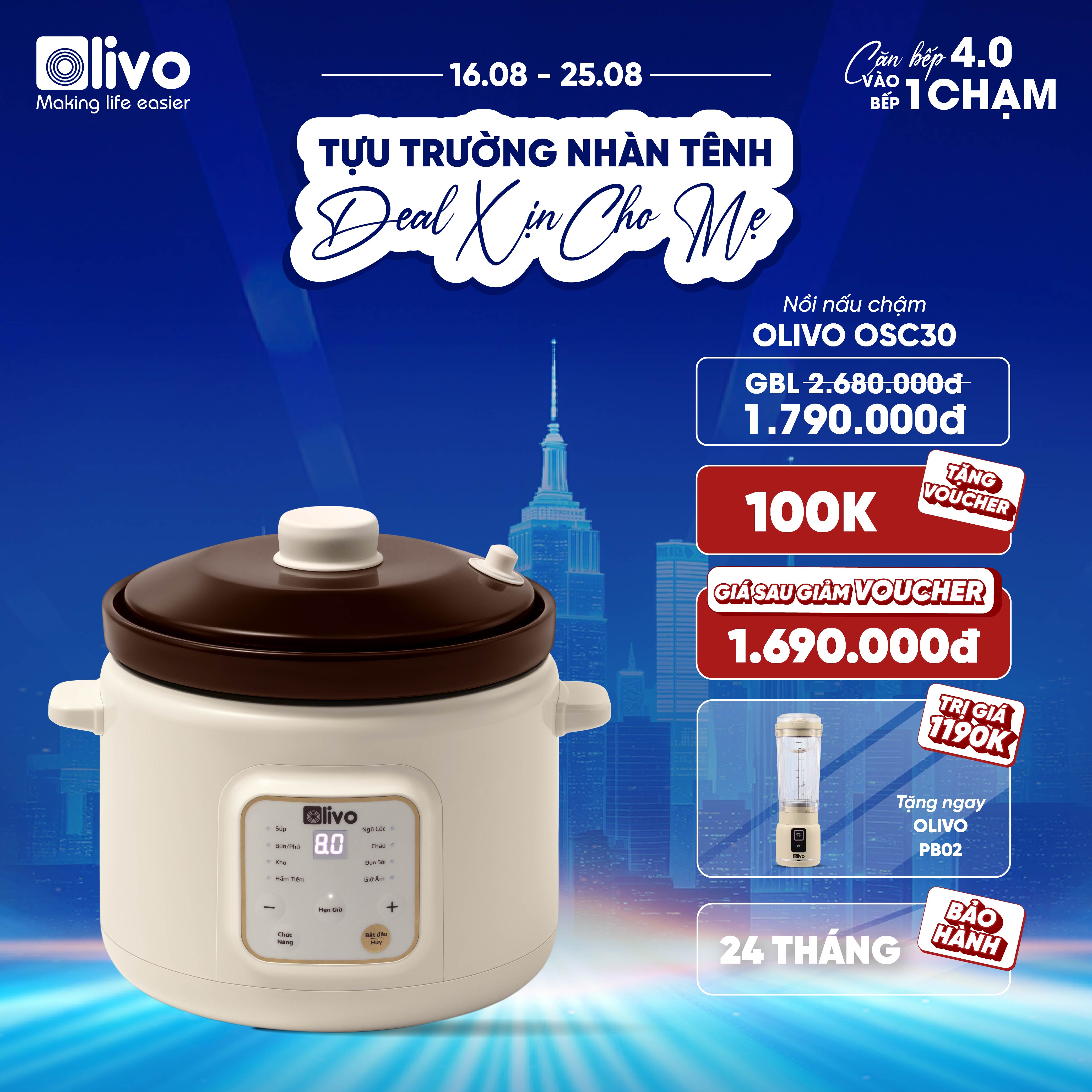 Nồi Nấu Chậm Olivo OSC30 - 9 Chế Độ Cài Sẵn, Bảng Điều Khiển Điện Tử, Lòng Gốm Tráng Men, Nắp Gốm Giữ Nhiệt, Dung tích 3L, Thông Minh, Tiện Lợi.