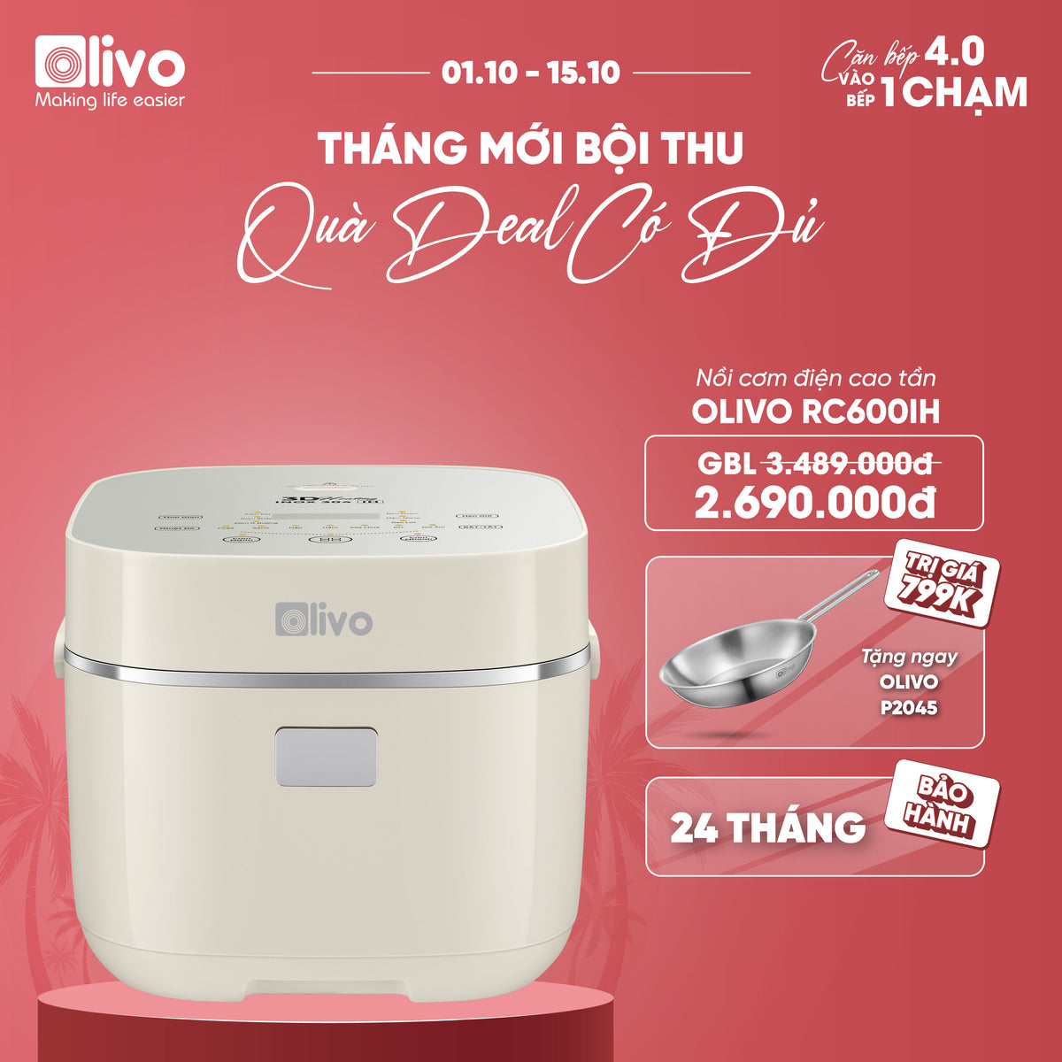 Nồi Cơm Điện Cao Tần OLIVO RC600IH - Lòng Nồi INOX 304, Dung tích 1.2L, Nhỏ Gọn Đa Năng, Công Nghệ Gia Nhiệt Nắp và Nấu Cao Tần Hiện Đại, Sử Dụng Dễ Dàng