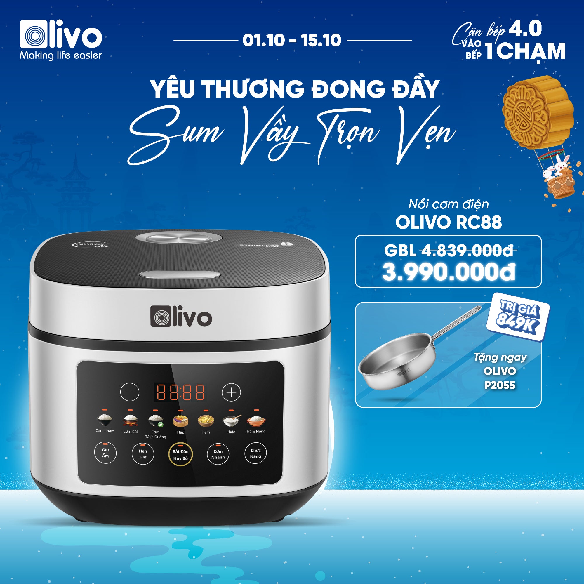 Nồi Cơm Điện OLIVO RC88 – Lòng Nồi INOX 304 Chống Dính Tự Nhiên, Bảng Điều Khiển OLED Sống Động, Nấu Cơm Ngon, Thiết Kế Sang Trọng