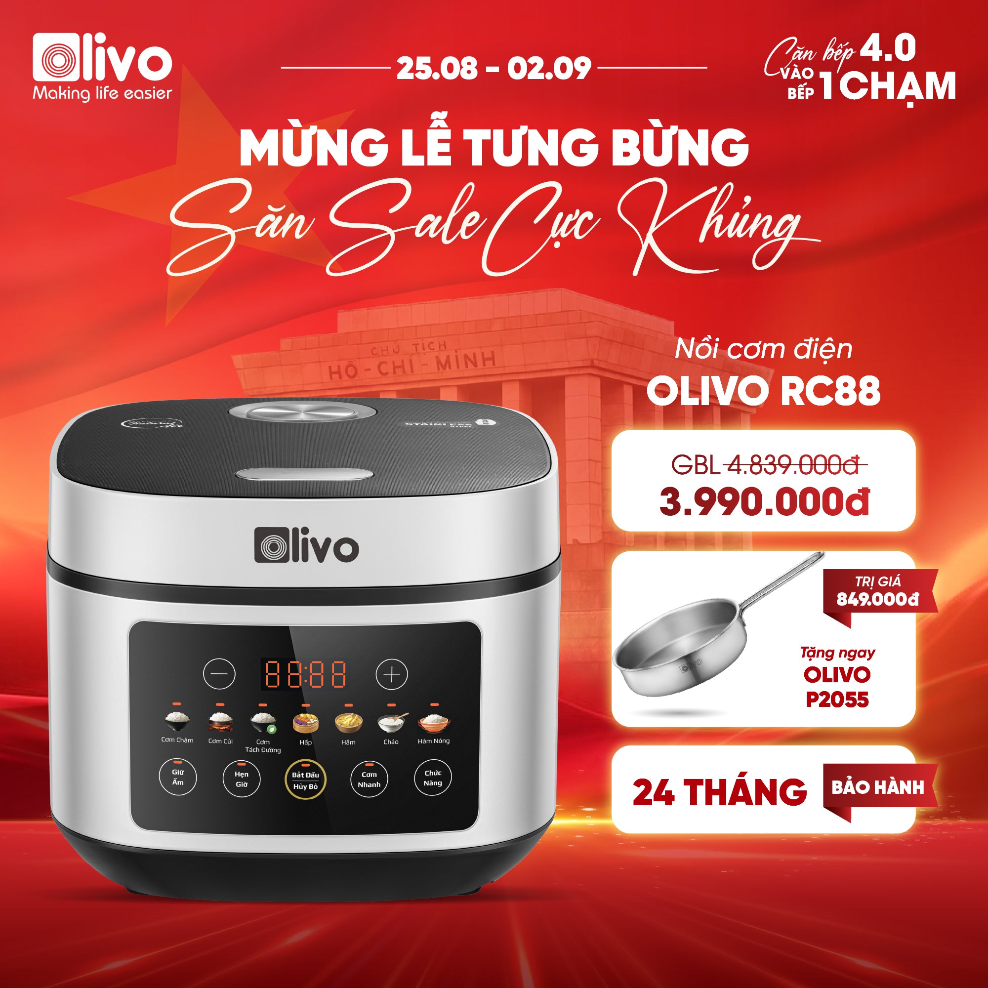 Nồi Cơm Điện OLIVO RC88 – Lòng Nồi INOX 304 Chống Dính Tự Nhiên, Bảng Điều Khiển OLED Sống Động, Nấu Cơm Ngon, Thiết Kế Sang Trọng
