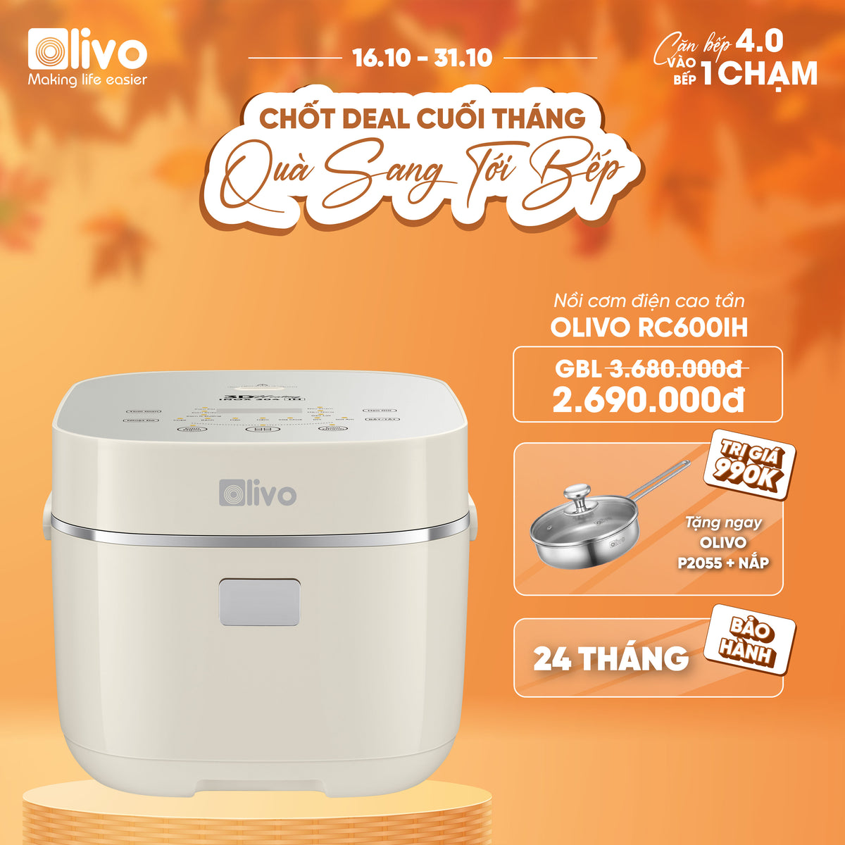 Nồi Cơm Điện Cao Tần OLIVO RC600IH - Lòng Nồi INOX 304, Dung tích 1.2L, Nhỏ Gọn Đa Năng, Công Nghệ Gia Nhiệt Nắp và Nấu Cao Tần Hiện Đại, Sử Dụng Dễ Dàng