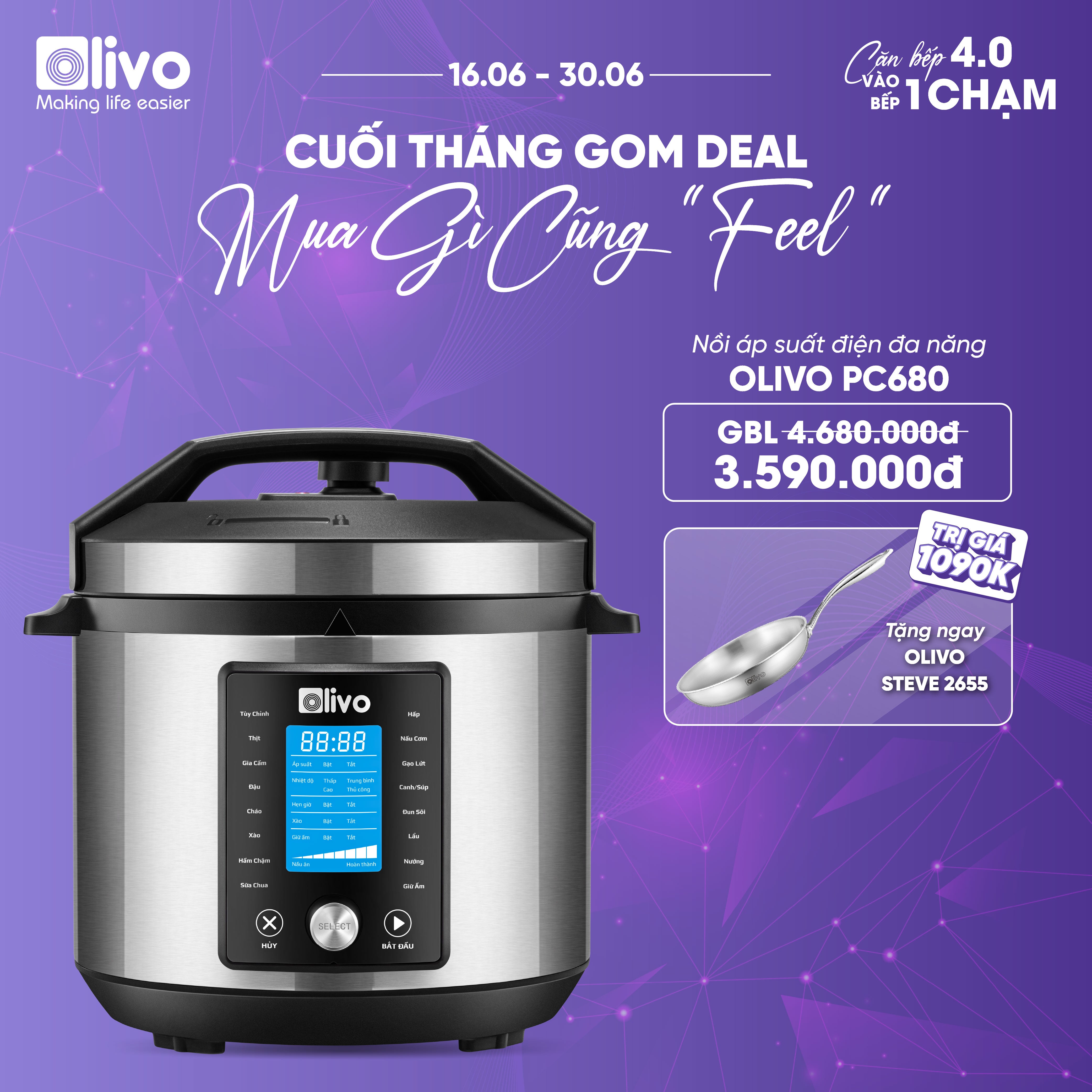 Nồi Áp Suất Điện Đa Năng OLIVO PC680 - Màn Hình OLED Hiện Đại, Lòng Nồi INOX 304, Đa Chức Năng 16 Chế Độ Cài Sẵn, Dung Tích 6L, Công Suất 1500W