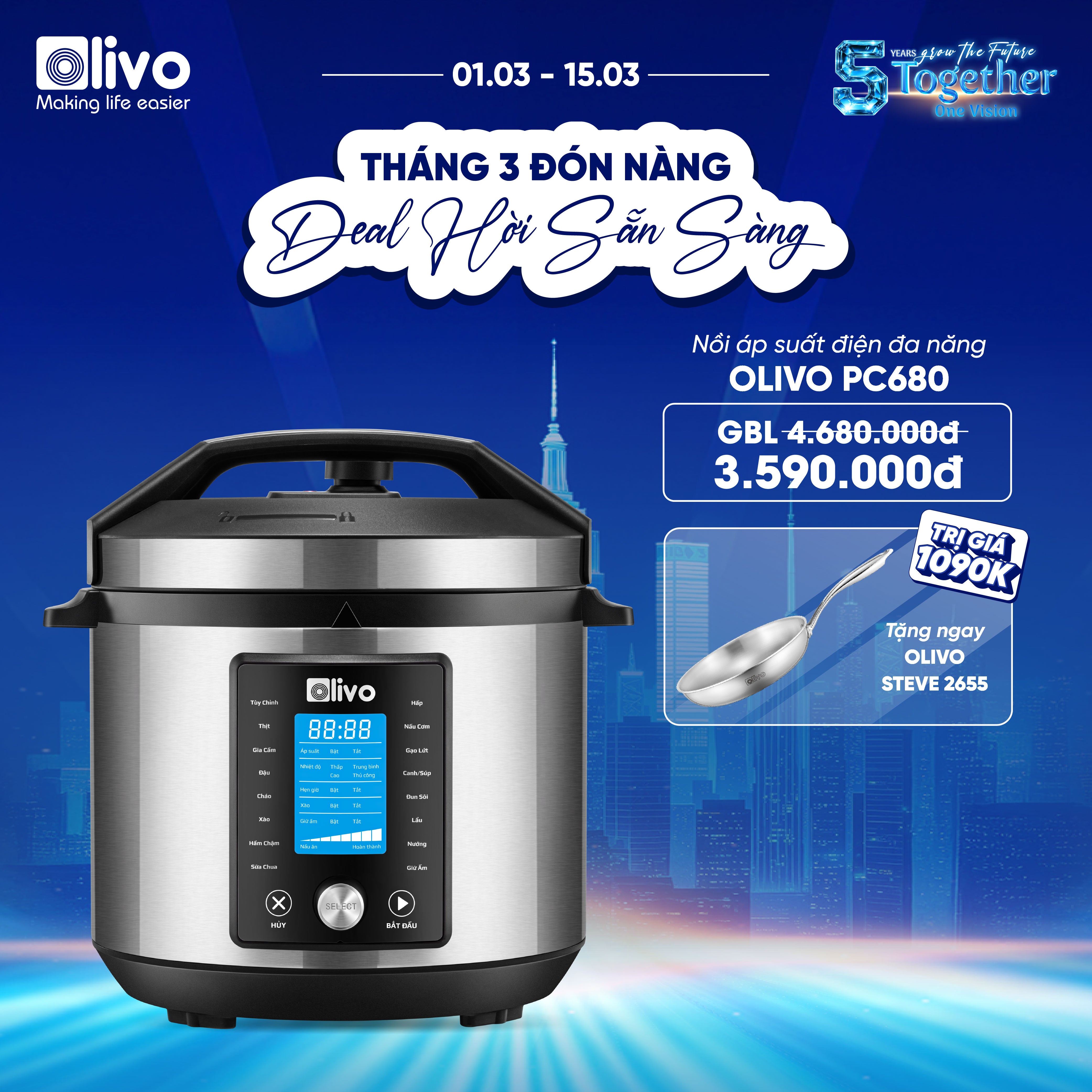 Nồi Áp Suất Điện Đa Năng OLIVO PC680 - Màn Hình OLED Hiện Đại, Lòng Nồi INOX 304, Đa Chức Năng 16 Chế Độ Cài Sẵn, Dung Tích 6L, Công Suất 1500W