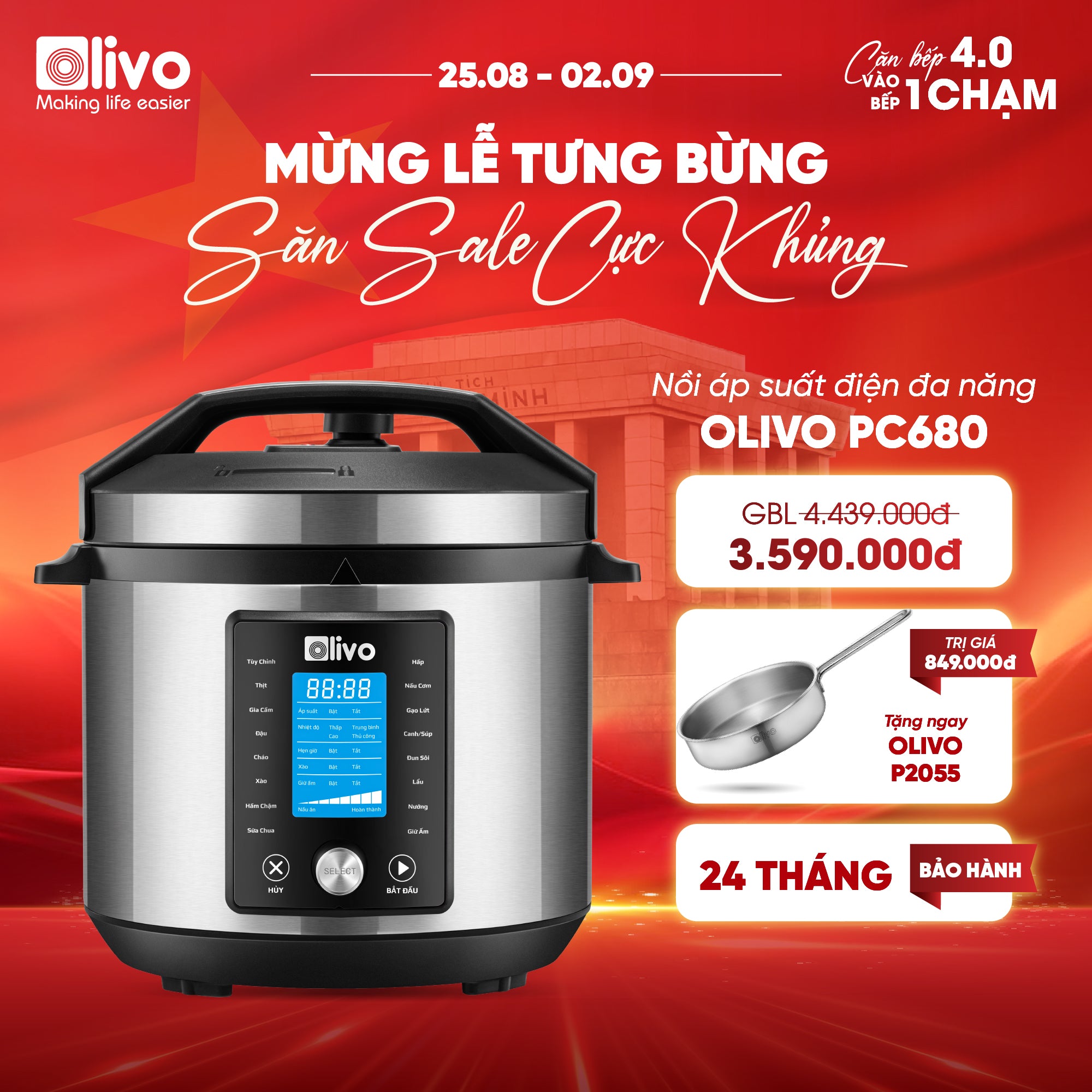Nồi Áp Suất Điện Đa Năng OLIVO PC680 - Màn Hình OLED Hiện Đại, Lòng Nồi INOX 304, Đa Chức Năng 16 Chế Độ Cài Sẵn, Dung Tích 6L, Công Suất 1500W