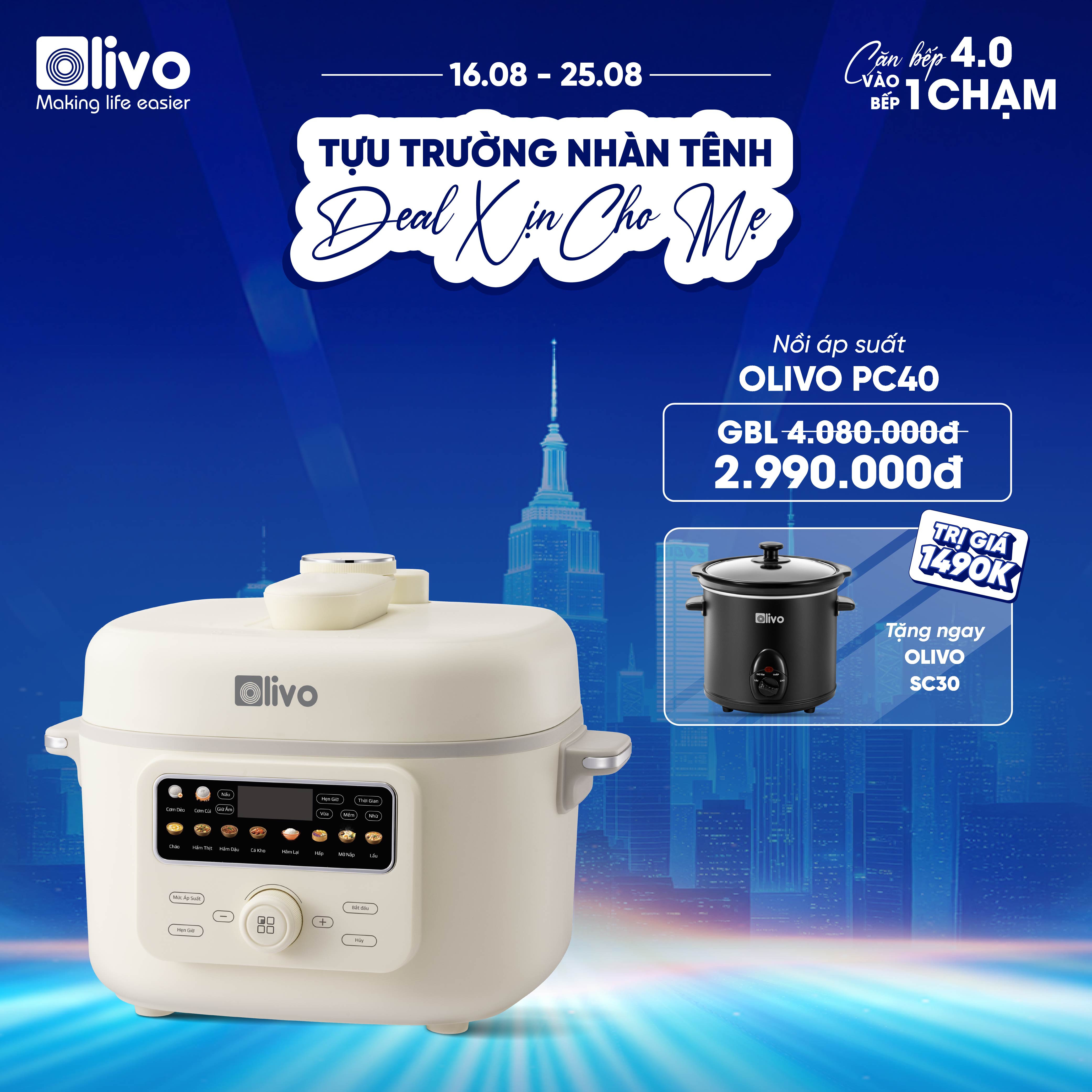 Nồi Áp Suất Điện Đa Năng OLIVO PC40 – Nồi 2 Nắp, 3 Chế Độ Nấu, Màn Hình OLED Hiện Đại, Lòng Nồi INOX 304, Đa Chức Năng 10 Chế Độ Cài Sẵn, Dung Tích 4L, Công Suất 1300W