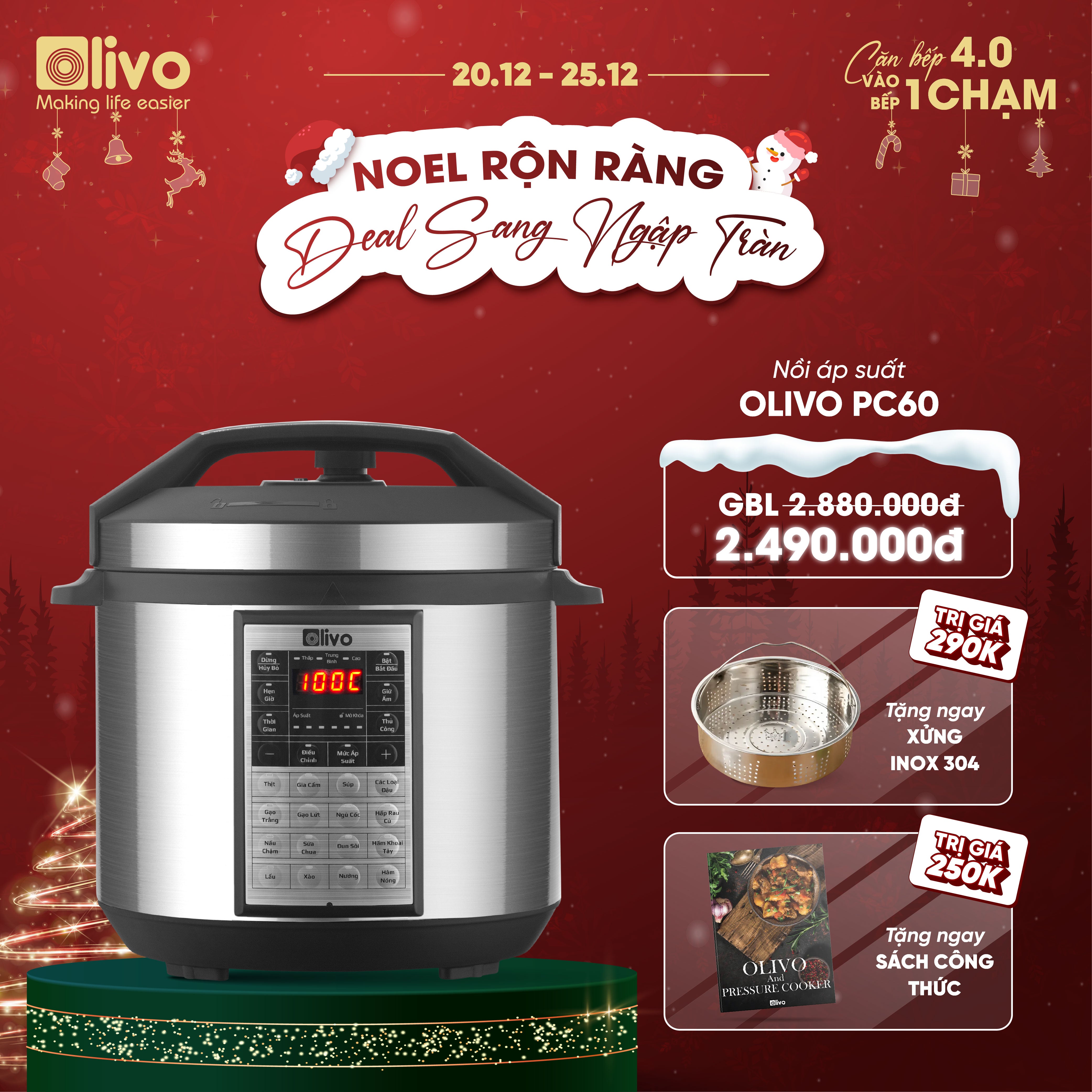 Nồi Áp Suất Điện Đa Năng OLIVO PC60 - 16 Chức Năng - Dung Tích 6L - Công Suất 1000W