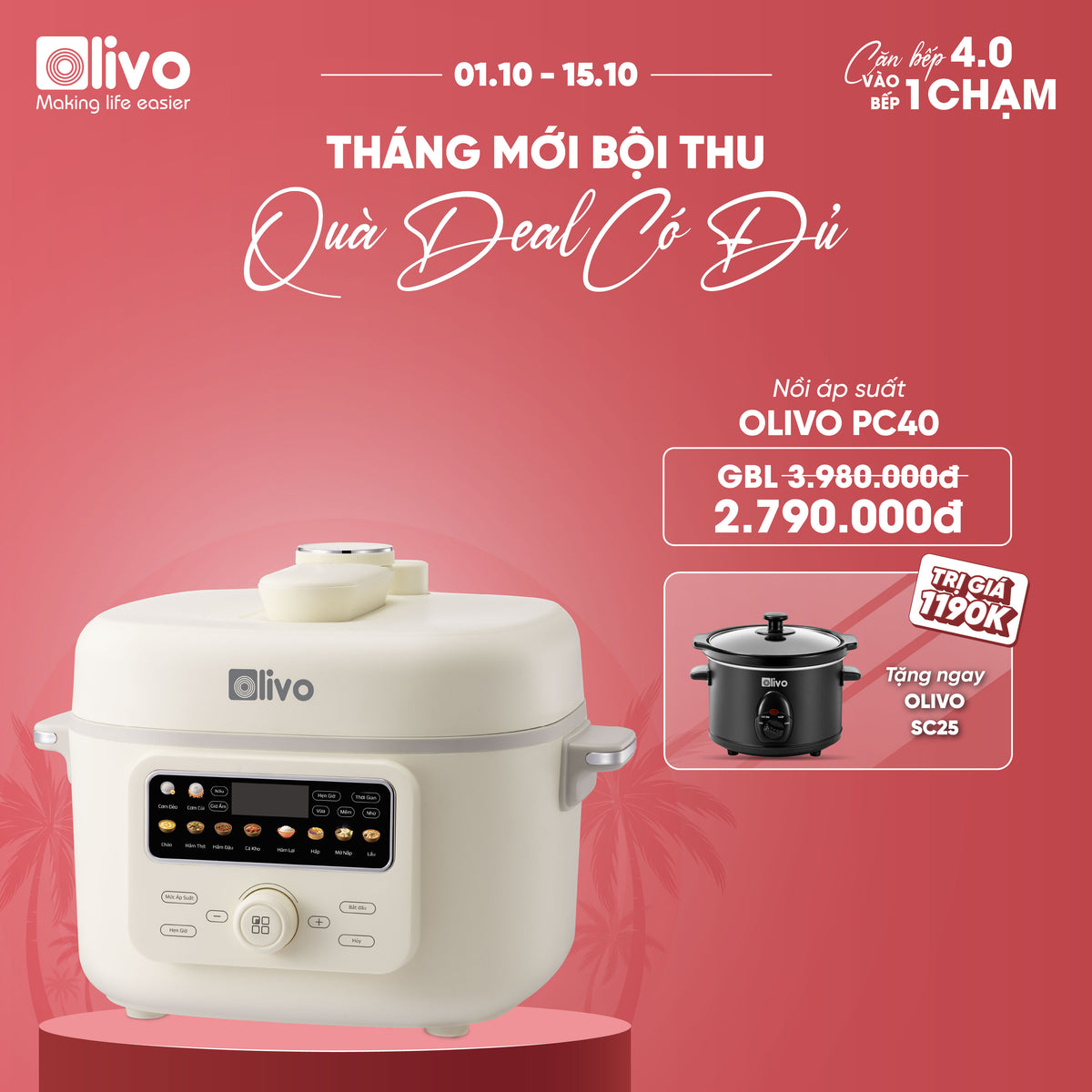 Nồi Áp Suất Điện Đa Năng OLIVO PC40 – Nồi 2 Nắp, 3 Chế Độ Nấu, Màn Hình OLED Hiện Đại, Lòng Nồi INOX 304, Đa Chức Năng 10 Chế Độ Cài Sẵn, Dung Tích 4L, Công Suất 1300W
