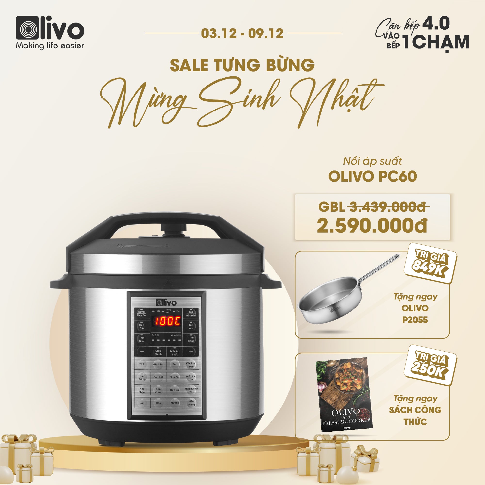 Nồi Áp Suất Điện Đa Năng OLIVO PC60 - 16 Chức Năng - Dung Tích 6L - Công Suất 1000W