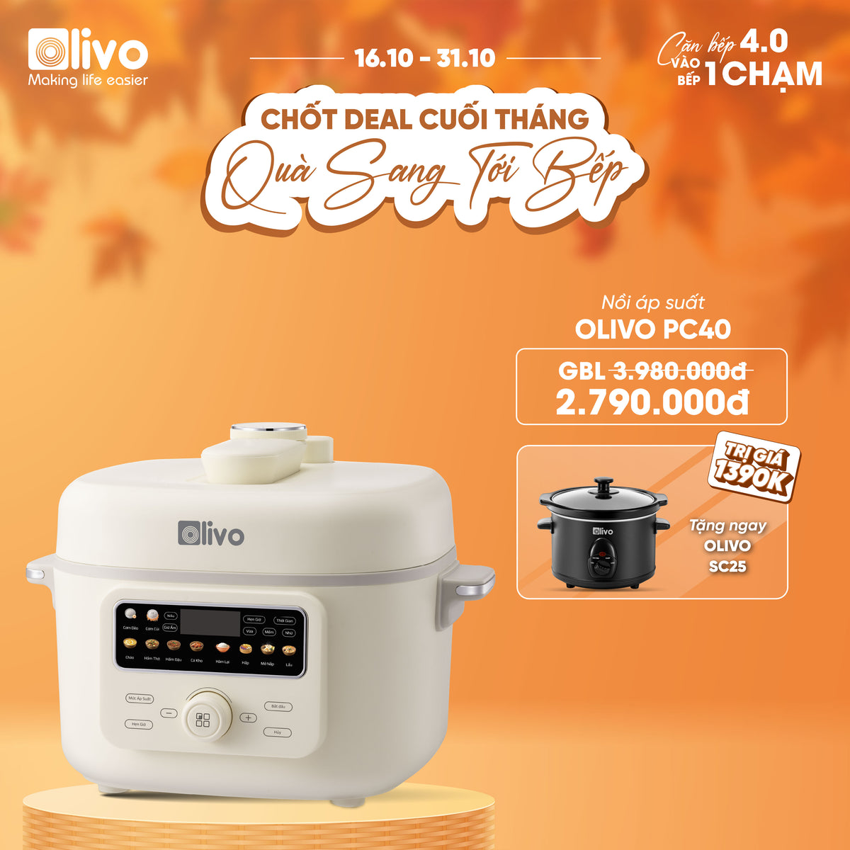 Nồi Áp Suất Điện Đa Năng OLIVO PC40 – Nồi 2 Nắp, 3 Chế Độ Nấu, Màn Hình OLED Hiện Đại, Lòng Nồi INOX 304, Đa Chức Năng 10 Chế Độ Cài Sẵn, Dung Tích 4L, Công Suất 1300W