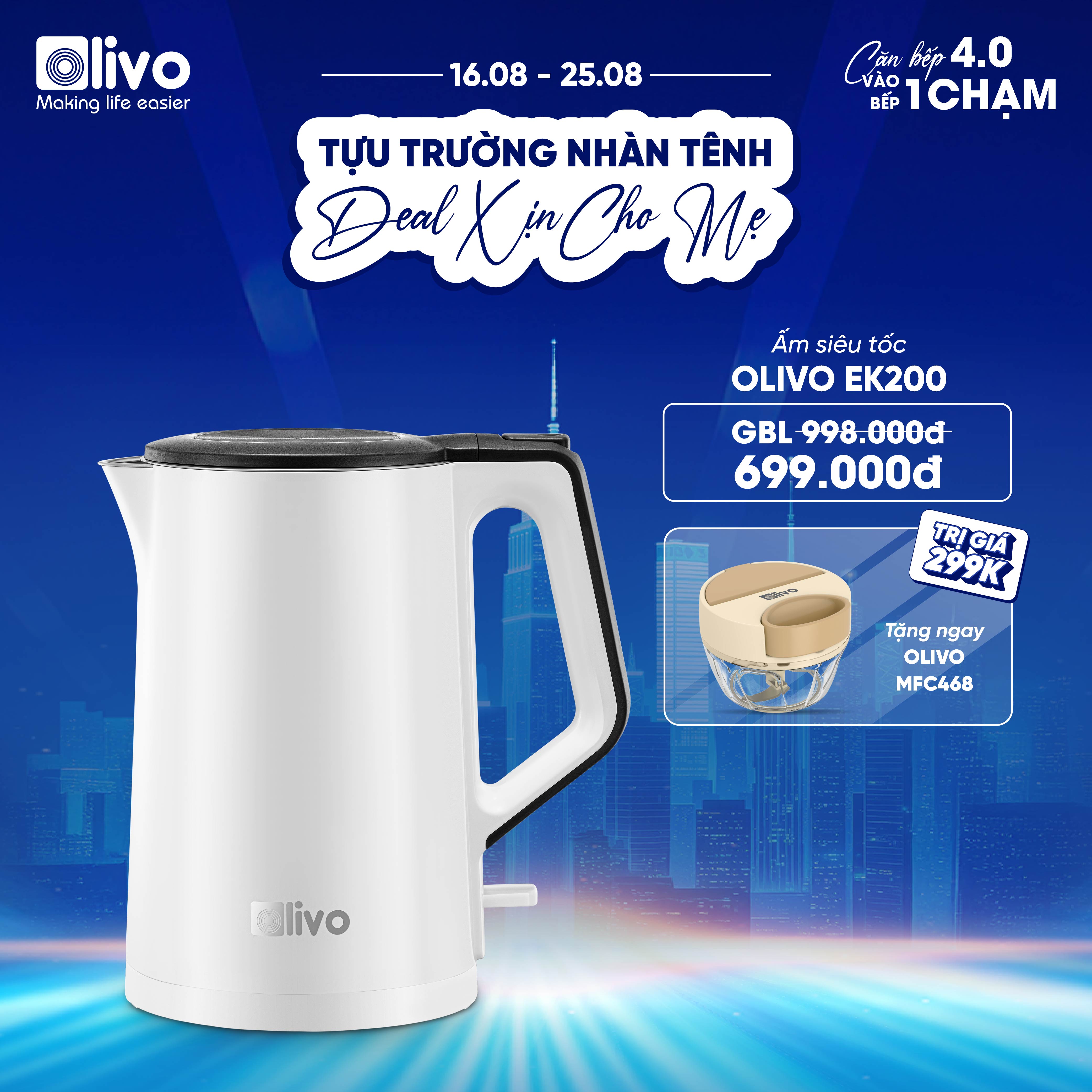 Ấm Siêu Tốc OLIVO EK200 – Màu Trắng Đen Hiện Đại, Lòng Ấm Inox 304, Bảo Vệ 4 Lớp, Dung Tích 1.5L, Công Suất Lớn 1500-1800W