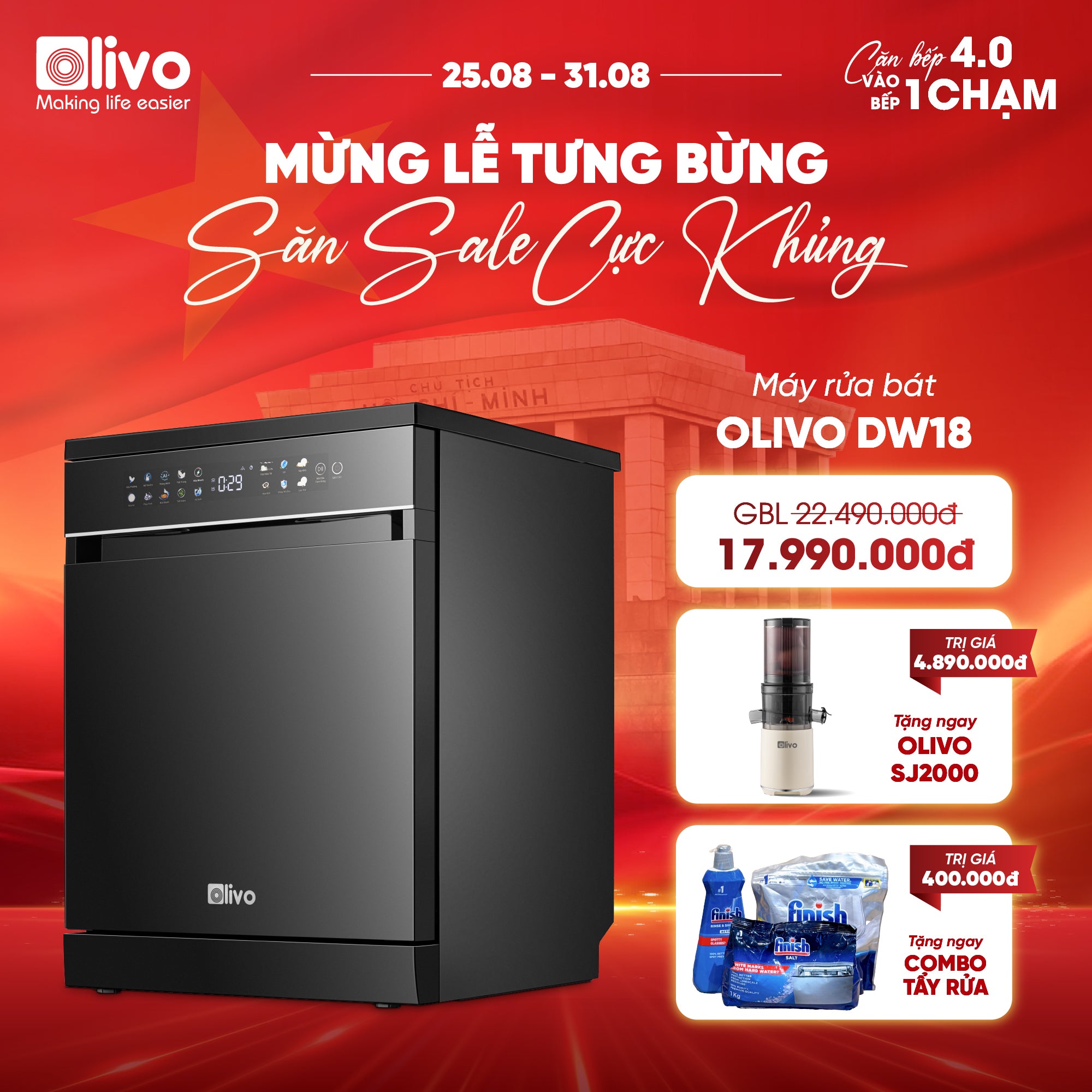 Máy Rửa Bát OLIVO DW18 - 3 Giỏ Linh Hoạt - Tải Trọng 18 Bộ Bát Đĩa - Sấy Turbo EcoDry - Rửa Hydro360 Wash -16 Chương Trình - Khử Khuẩn UV
