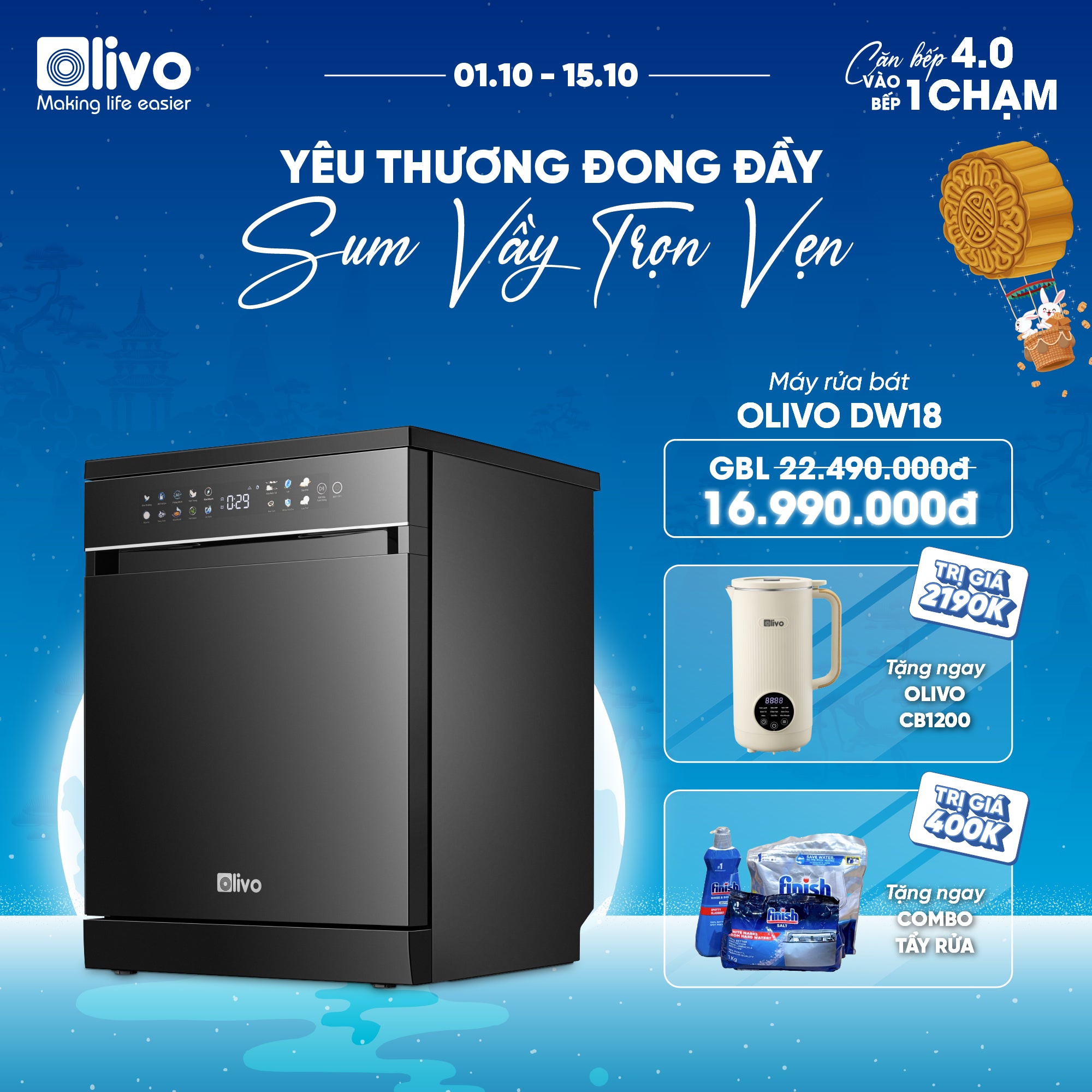 Máy Rửa Bát OLIVO DW18 - 3 Giỏ Linh Hoạt - Tải Trọng 18 Bộ Bát Đĩa - Sấy Turbo EcoDry - Rửa Hydro360 Wash -16 Chương Trình - Khử Khuẩn UV