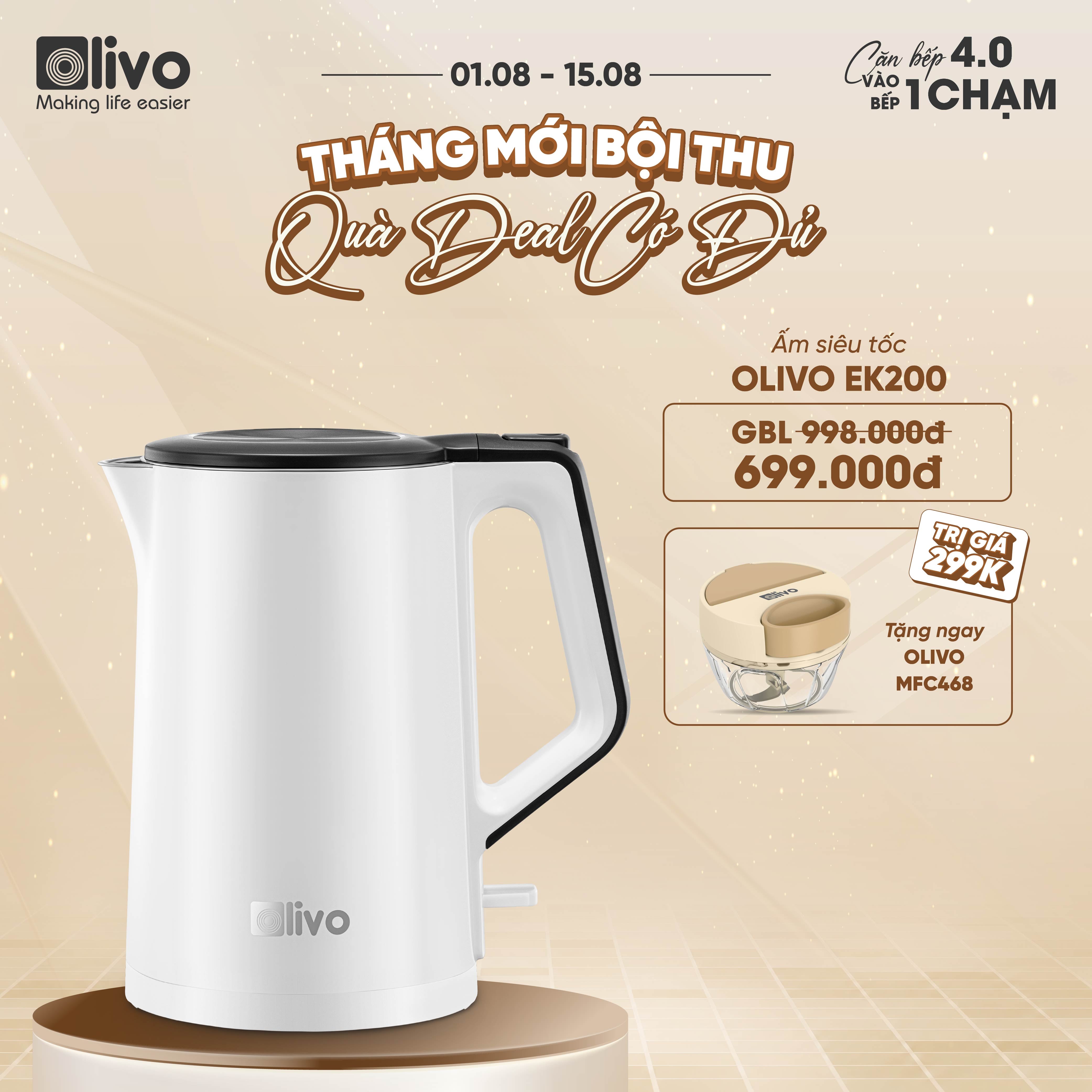 Ấm Siêu Tốc OLIVO EK200 – Màu Trắng Đen Hiện Đại, Lòng Ấm Inox 304, Bảo Vệ 4 Lớp, Dung Tích 1.5L, Công Suất Lớn 1500-1800W