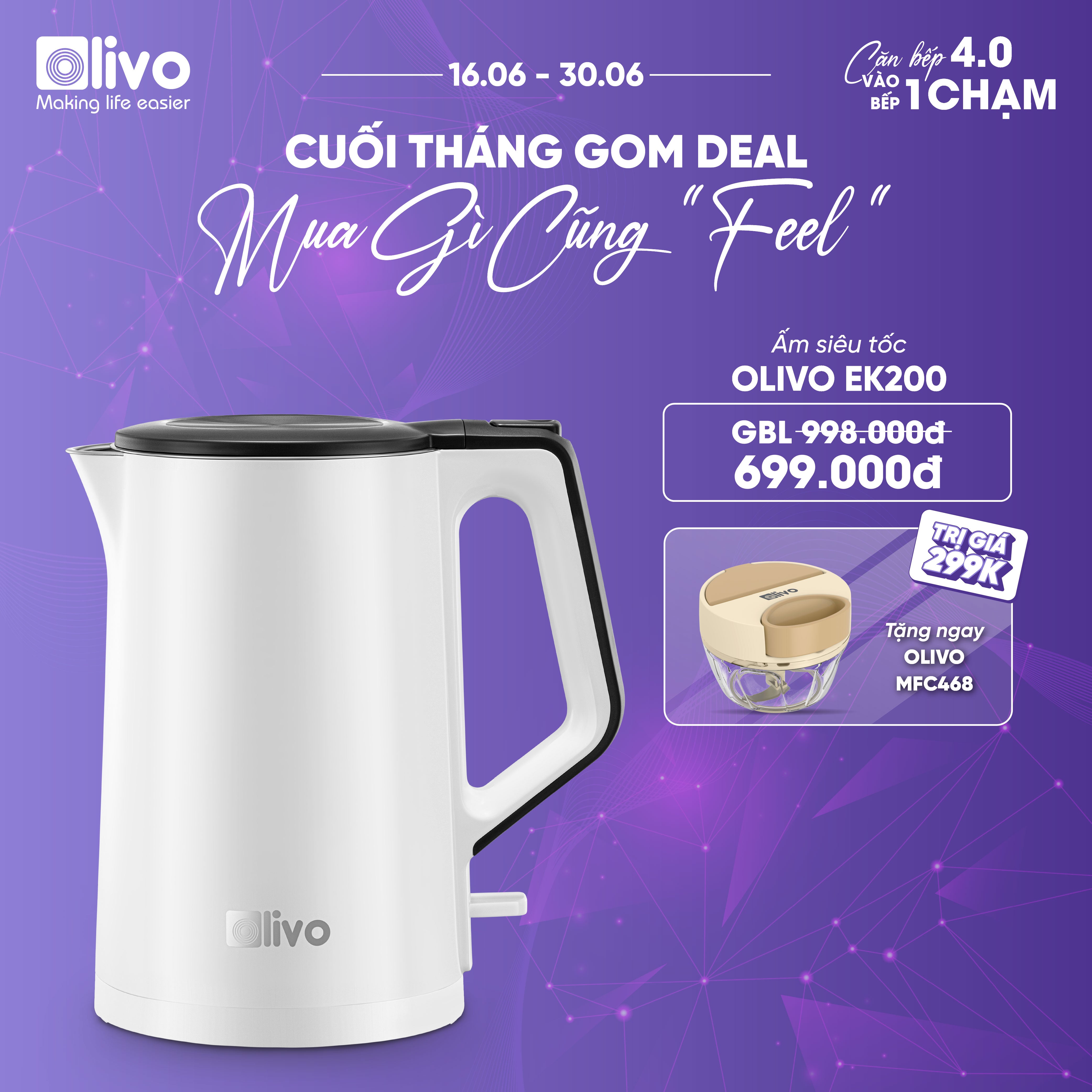 Ấm Siêu Tốc OLIVO EK200 – Màu Trắng Đen Hiện Đại, Lòng Ấm Inox 304, Bảo Vệ 4 Lớp, Dung Tích 1.5L, Công Suất Lớn 1500-1800W
