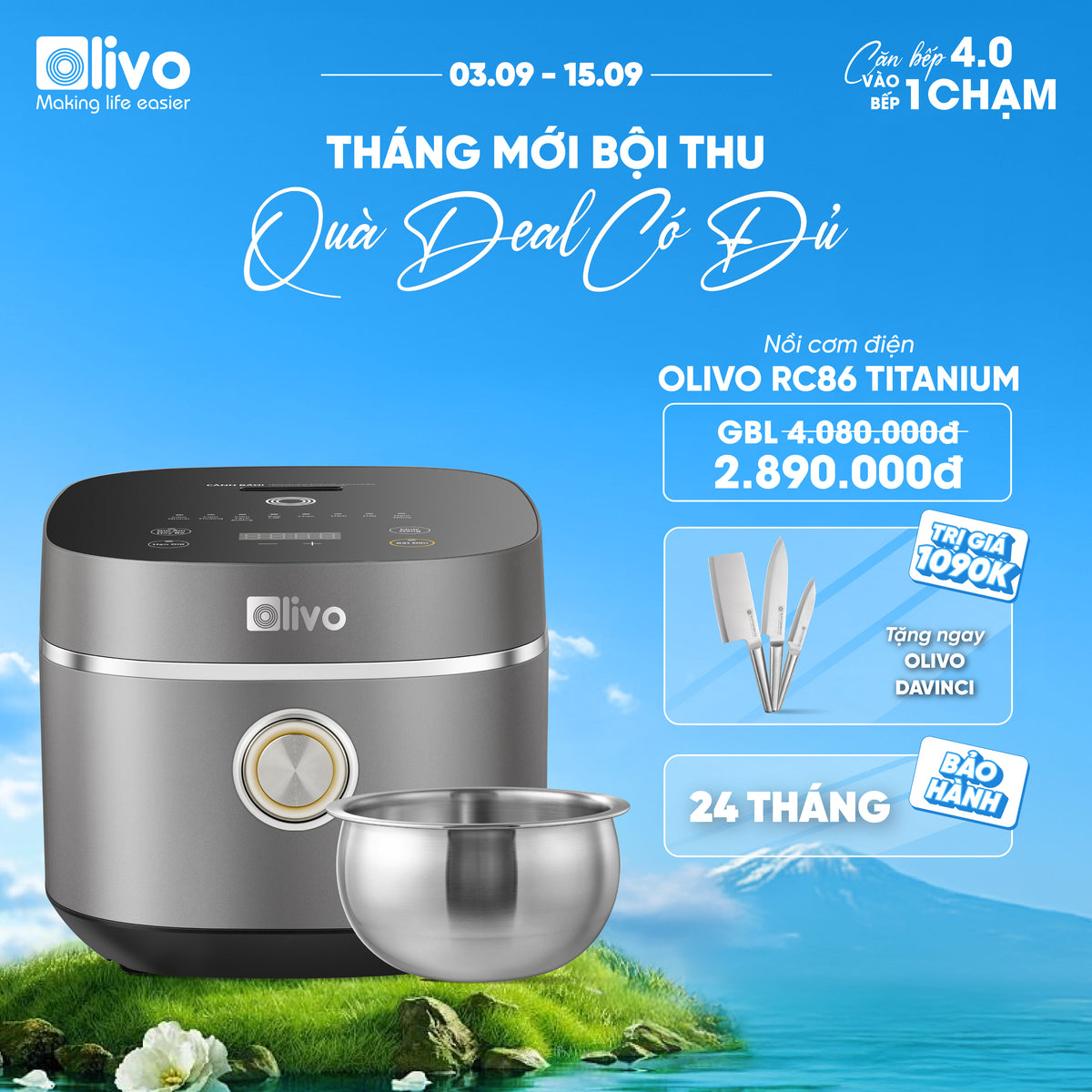 Nồi Cơm Điện OLIVO RC86 Titanium - Lòng Nồi INOX 304 Chống Dính Tự Nhiên, Nấu Cơm Ngon, Thiết Kế Tinh Tế, Sang Trọng